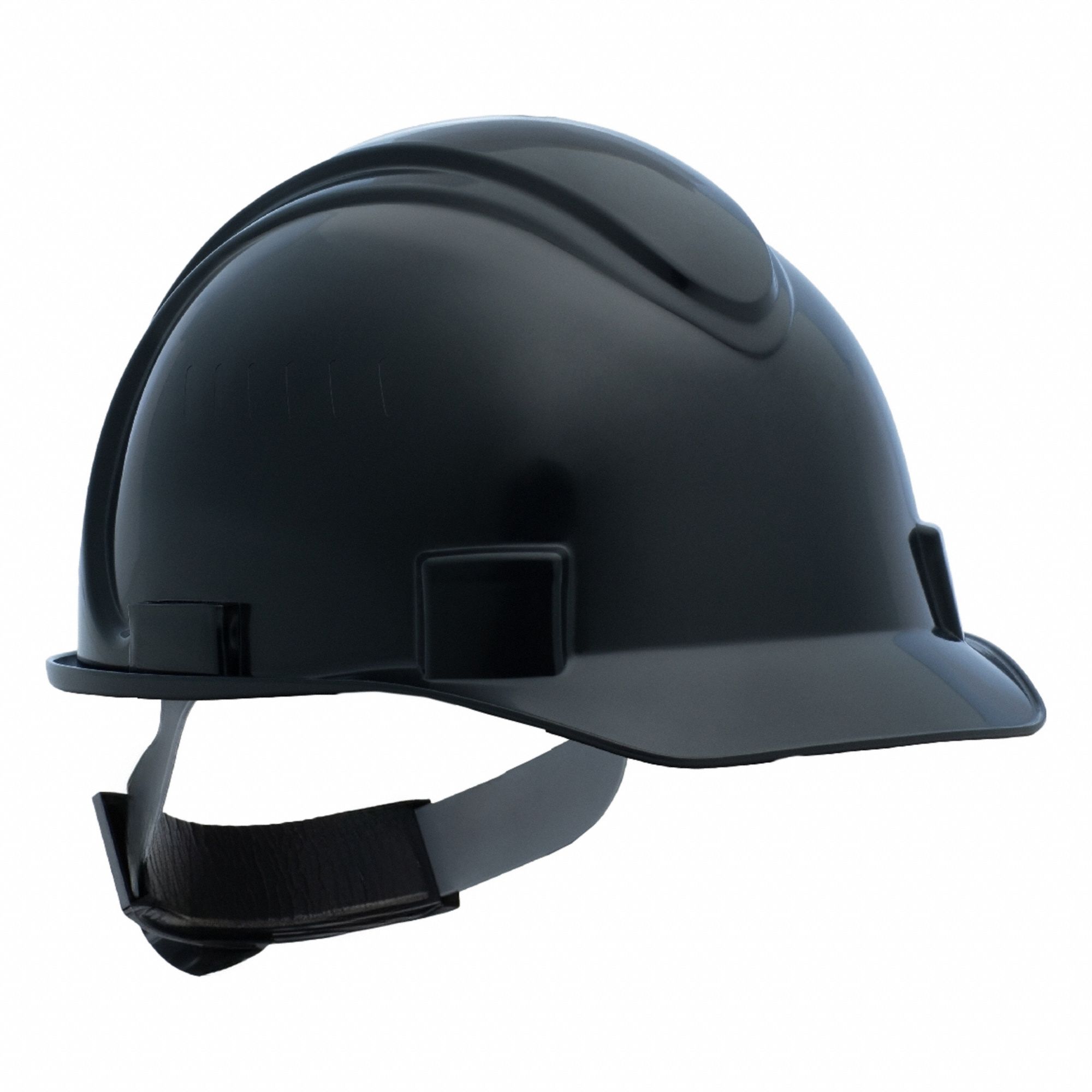 Hard Hat: Black, No Graphics, Ratchet (4-Point), Ratchet, Polyethylene, Solid, Ratchet, Black