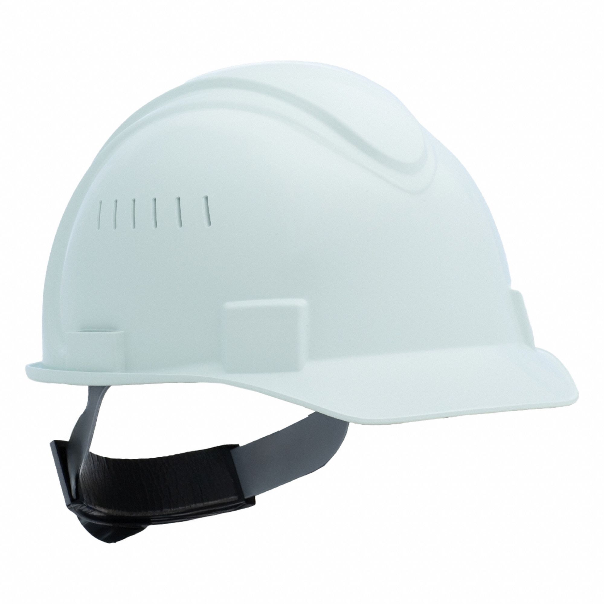 Hard Hat: White, No Graphics, Ratchet (4-Point), Ratchet, Polyethylene, Solid, Ratchet, White