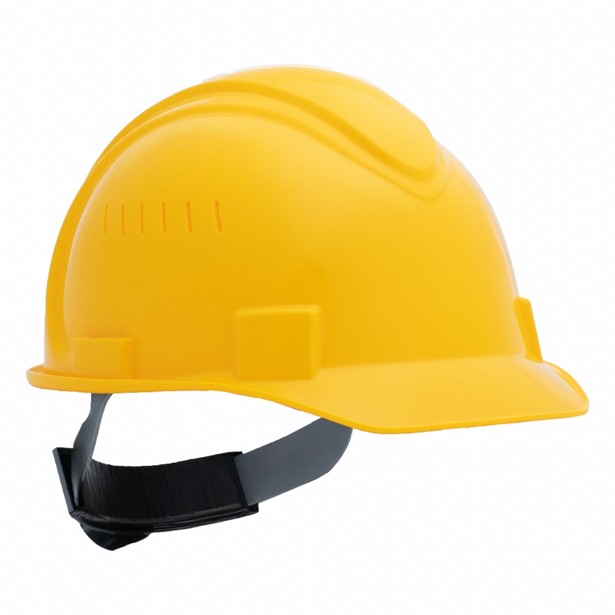 Hard Hat: Yellow, No Graphics, Ratchet (4-Point), Ratchet, Polyethylene, Solid, Ratchet