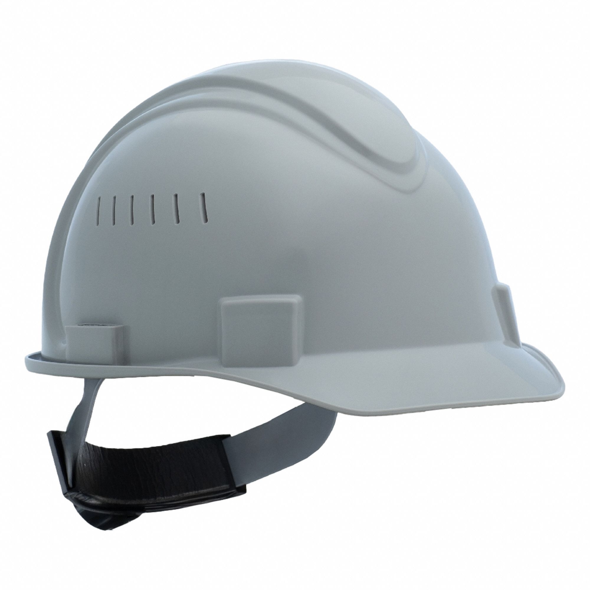 Hard Hat: Gray, No Graphics, Ratchet (4-Point), Ratchet, Polyethylene, Solid, Ratchet, Gray