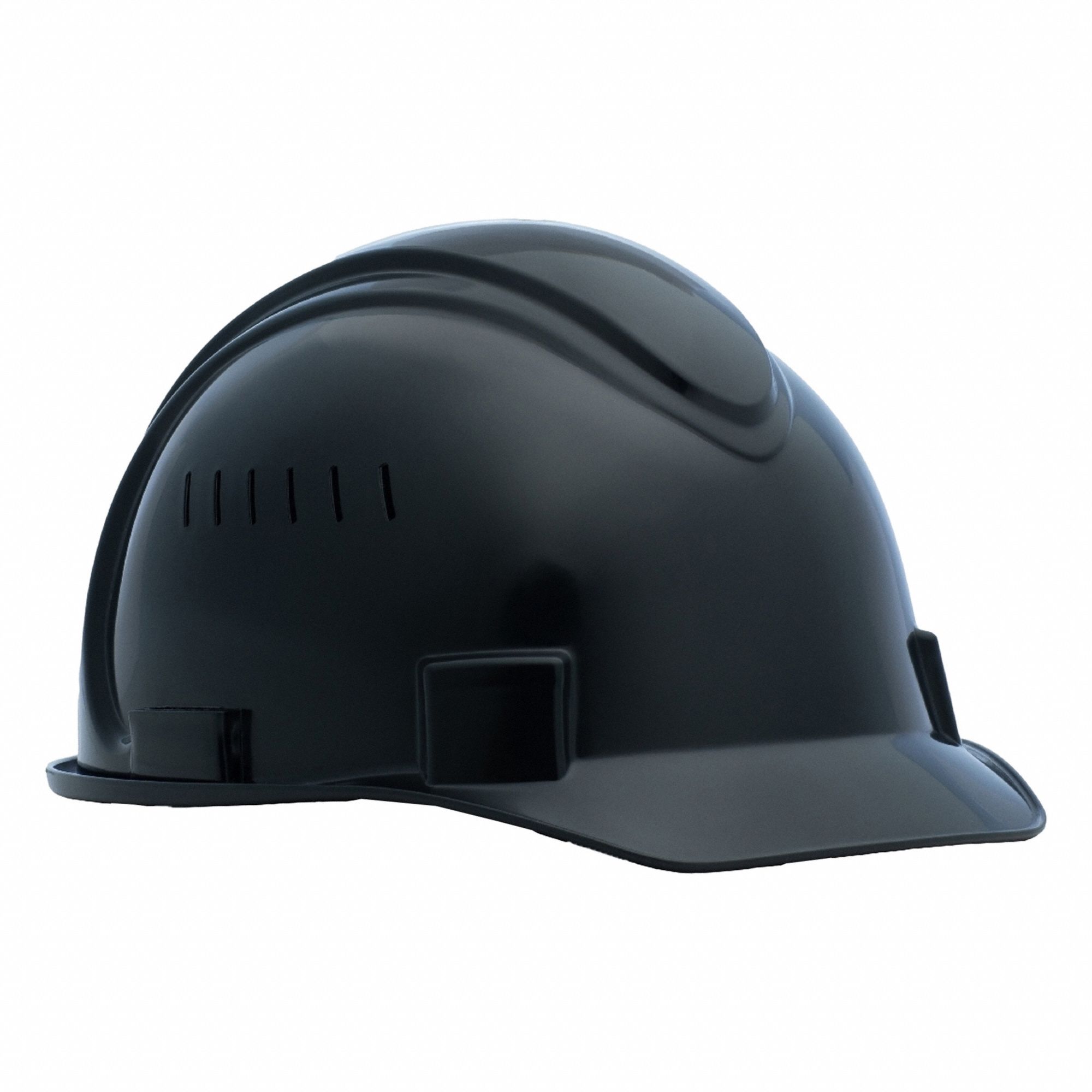 Hard Hat: Black, No Graphics, Ratchet (4-Point), Ratchet, Polyethylene, Solid, Ratchet, Black