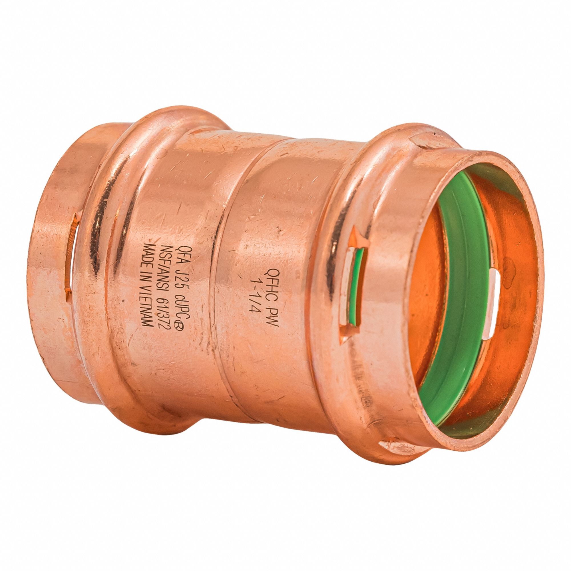 Press Copper Coupling with Stop: 1 1/4 in CTS x 1 1/4 in CTS size, Copper
