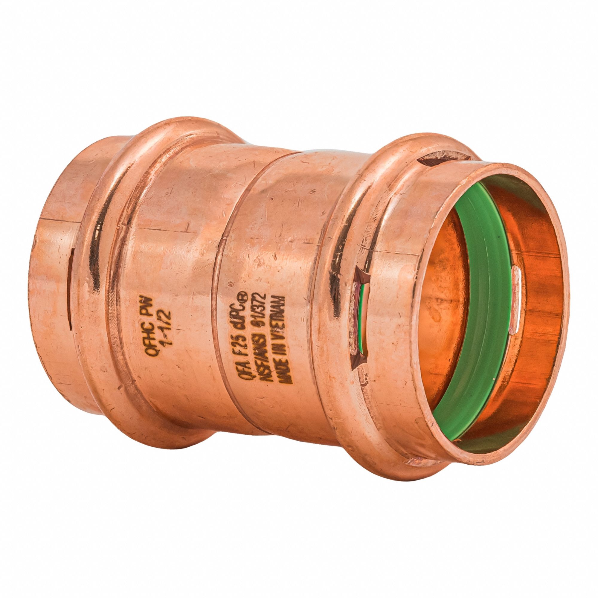 Press Copper Coupling with Stop: 1 1/2 in CTS x 1 1/2 in CTS size, Copper