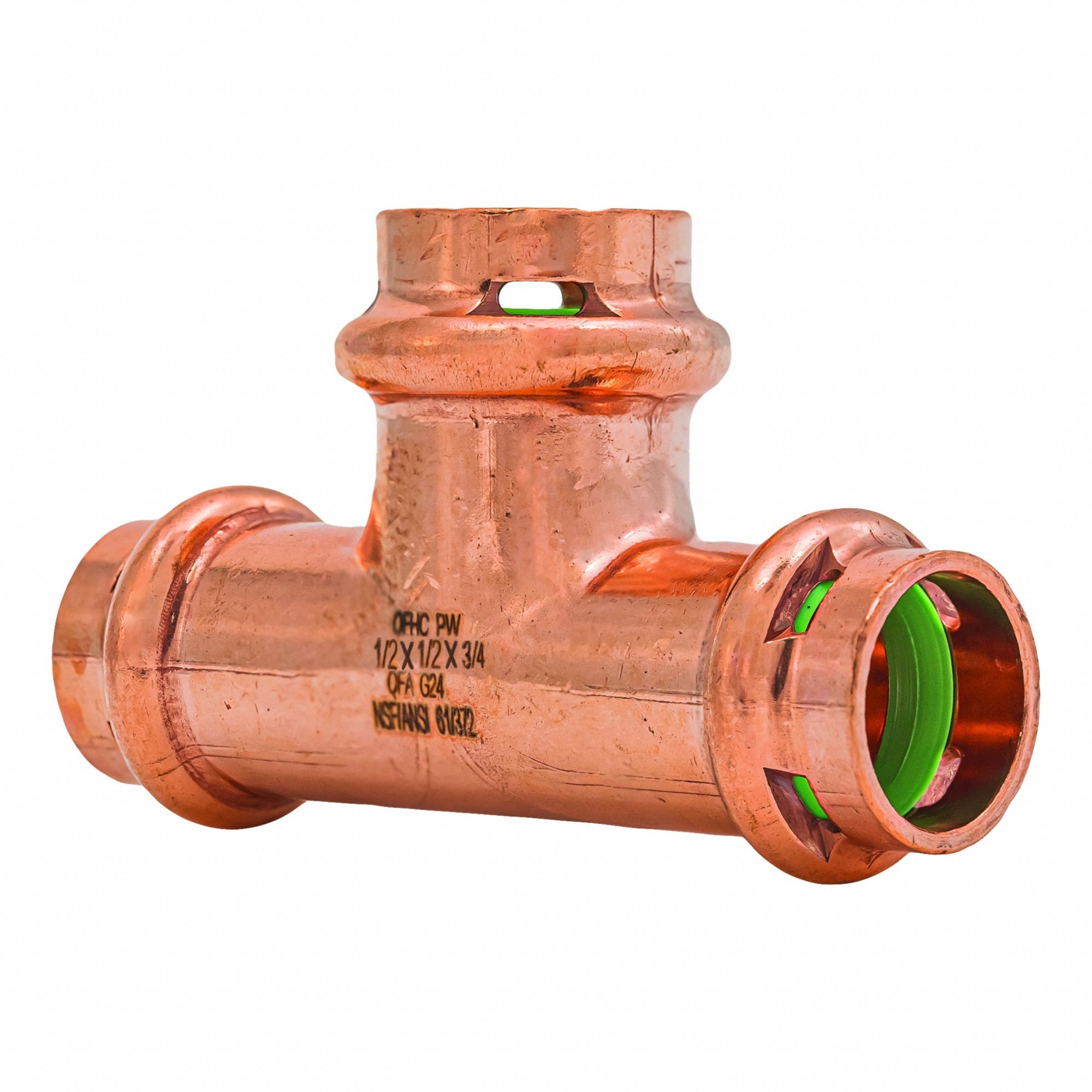 Crimp Tee Fitting: 1/2 in CTS x 1/2 in CTS x 3/4 in CTS size, Copper