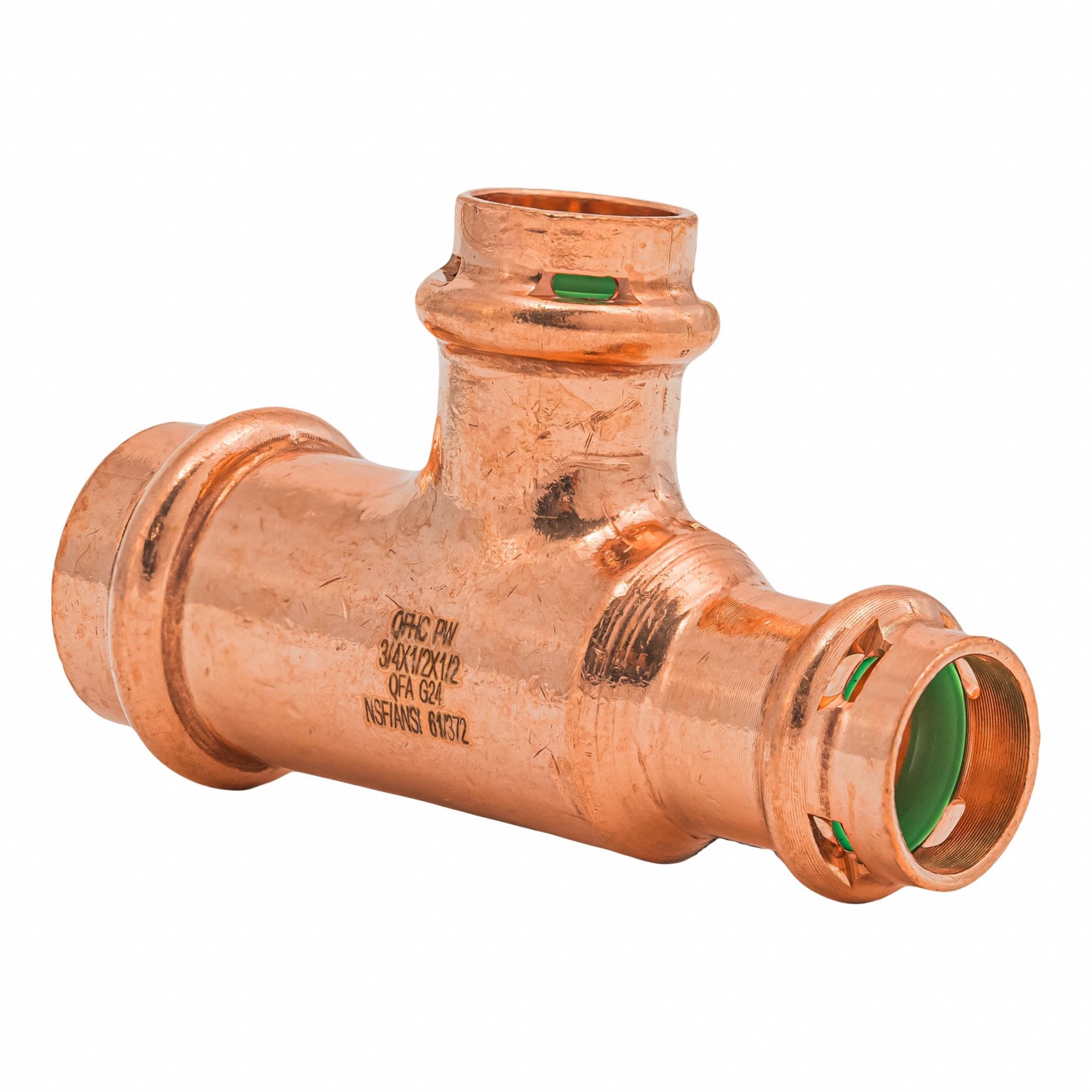 Crimp Tee Fitting: 3/4 in CTS x 1/2 in CTS x 1/2 in CTS size, Copper