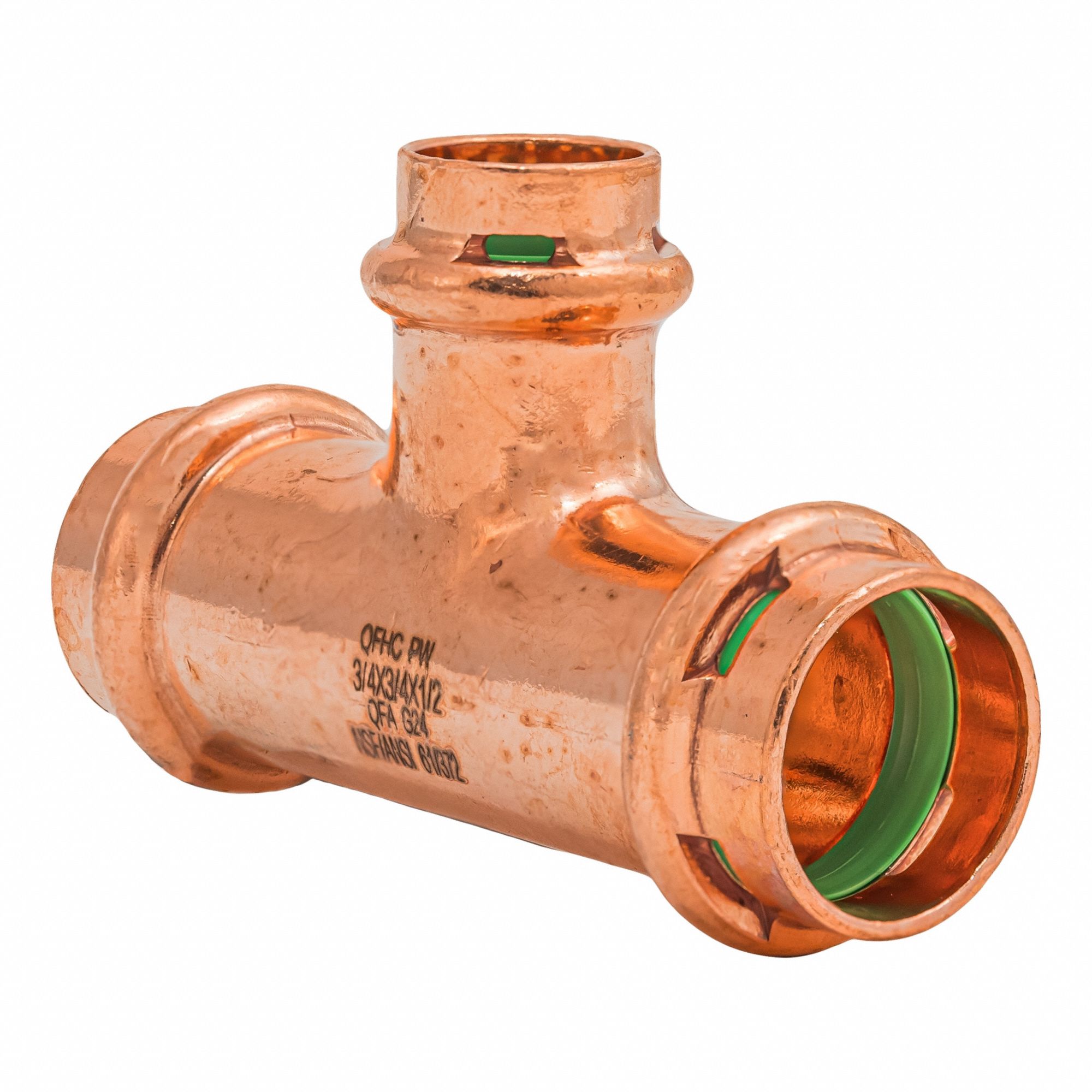 Crimp Tee Fitting: 3/4 in CTS x 3/4 in CTS x 1/2 in CTS size, Copper