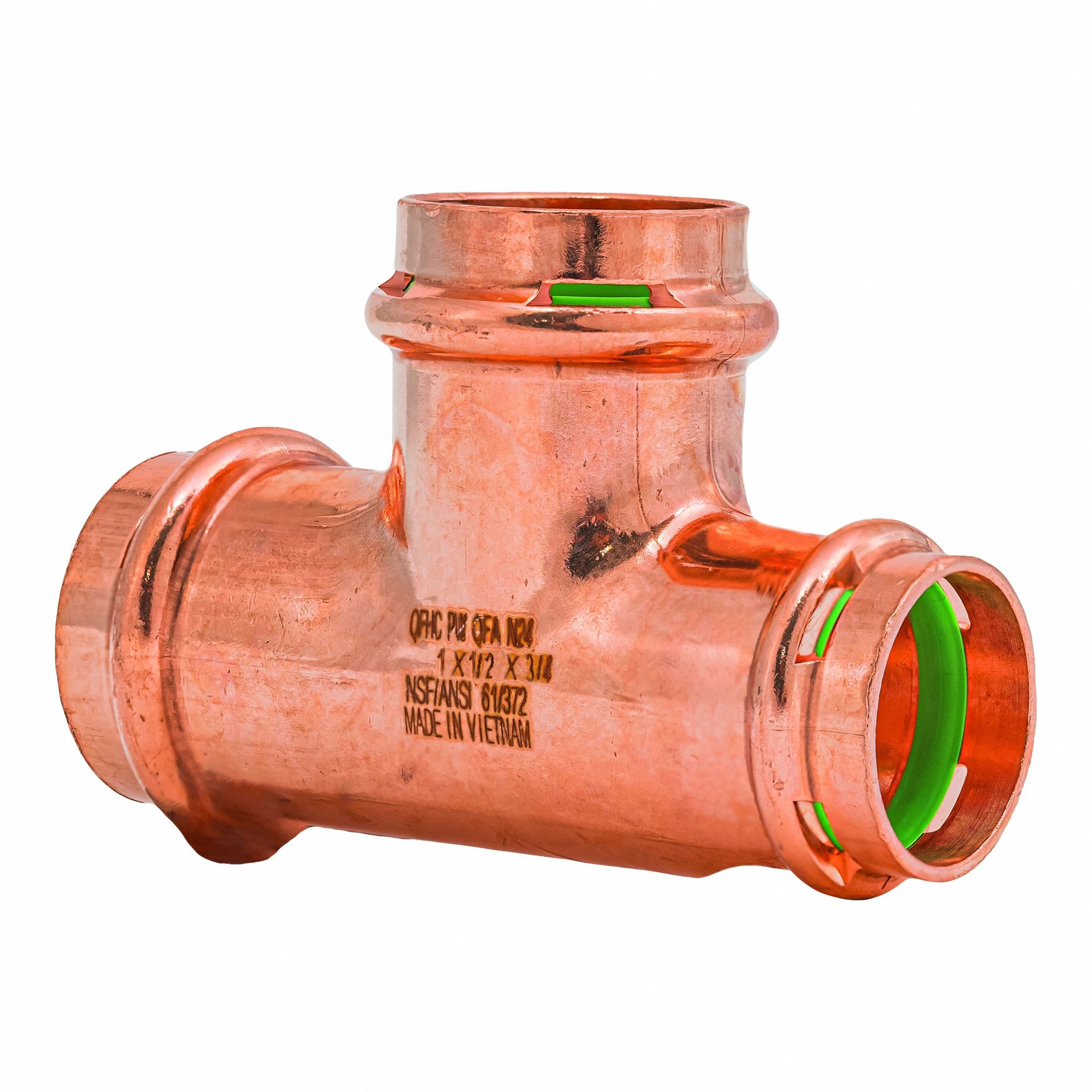 Crimp Tee Fitting: 1 in CTS x 1/2 in CTS x 3/4 in CTS size, Copper