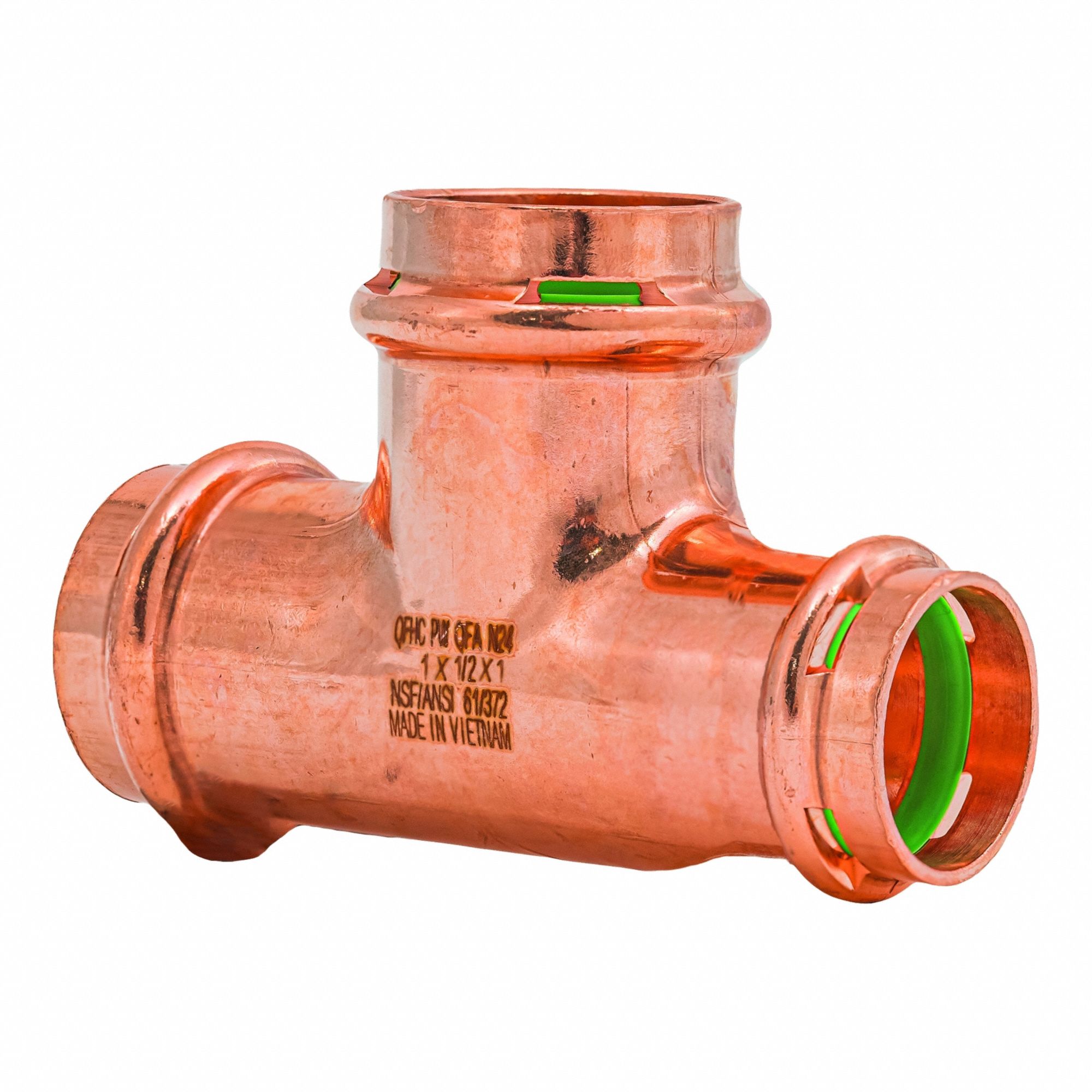 Crimp Tee Fitting: 1 in CTS x 1/2 in CTS x 1 in CTS size, Copper, EPDM O-Ring