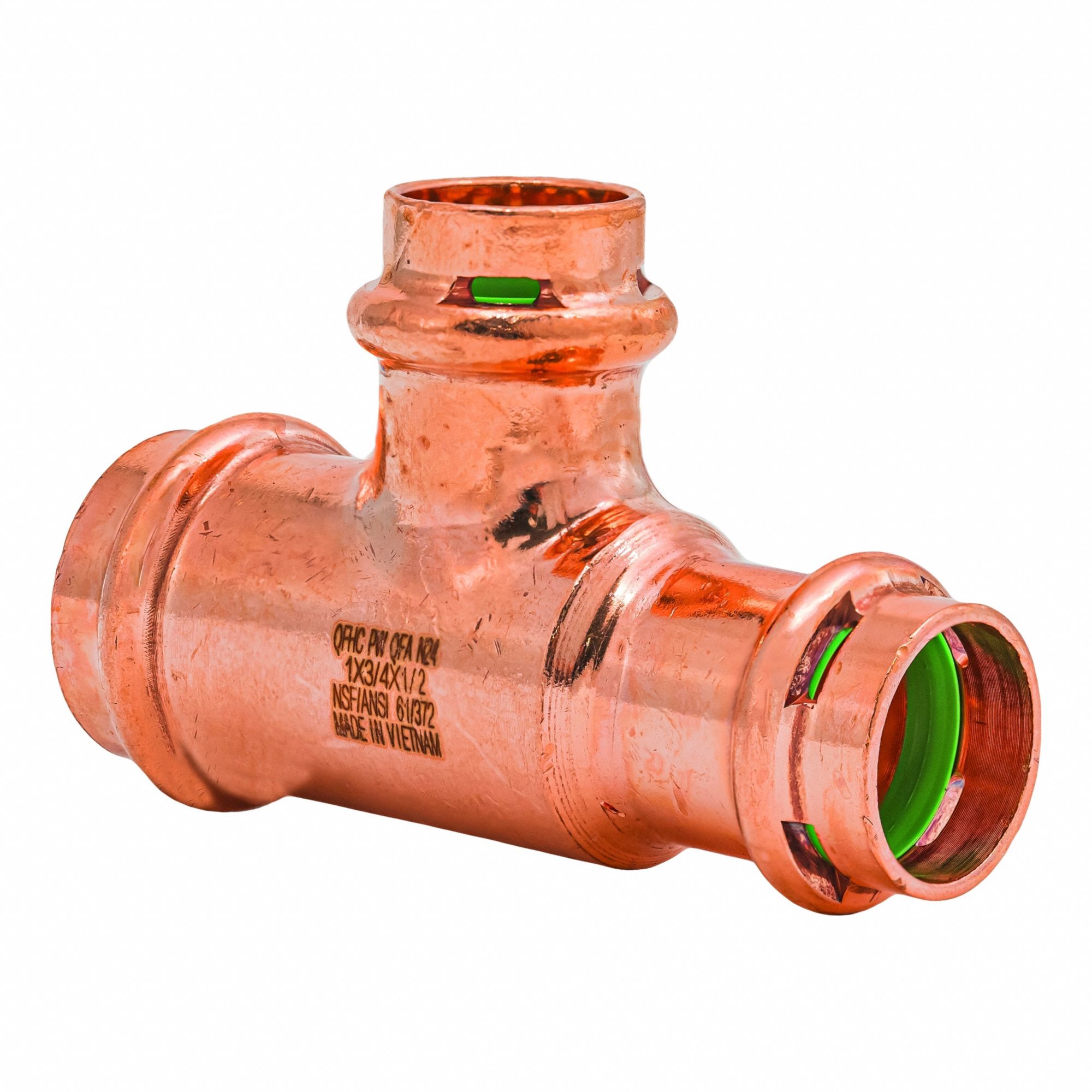 Crimp Tee Fitting: 1 in CTS x 3/4 in CTS x 1/2 in CTS size, Copper