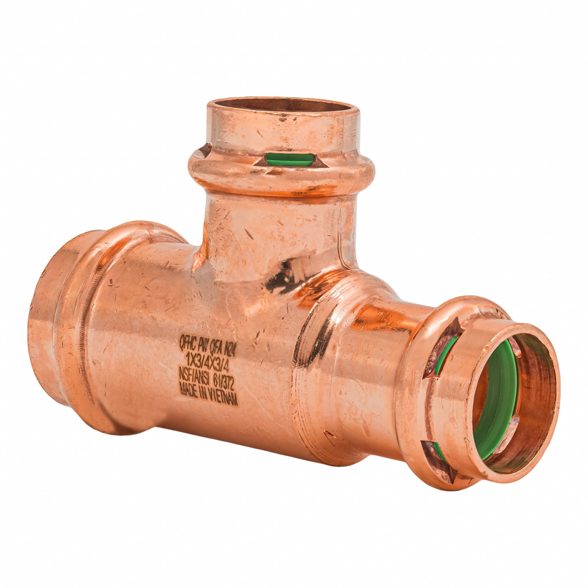 Crimp Tee Fitting: 1 in CTS x 3/4 in CTS x 3/4 in CTS size, Copper