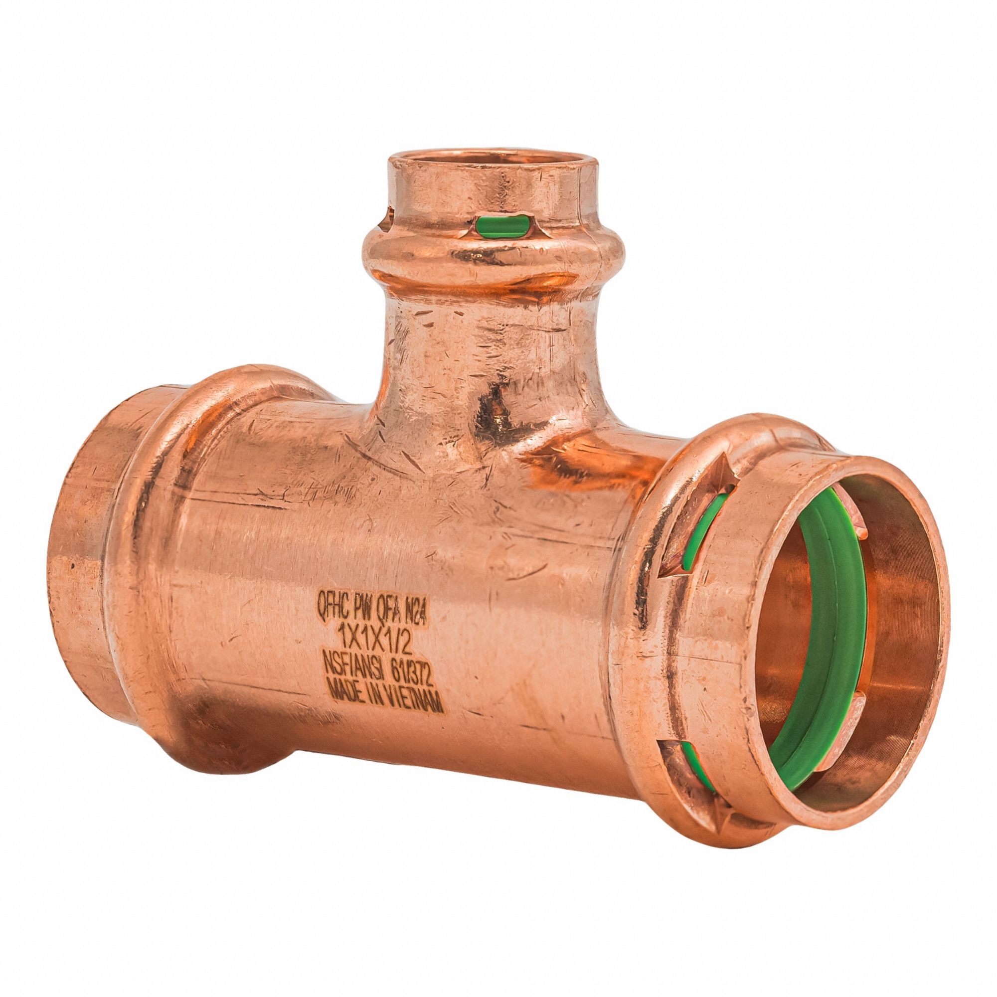Crimp Tee Fitting: 1 in CTS x 1 in CTS x 1/2 in CTS size, Copper, EPDM O-Ring