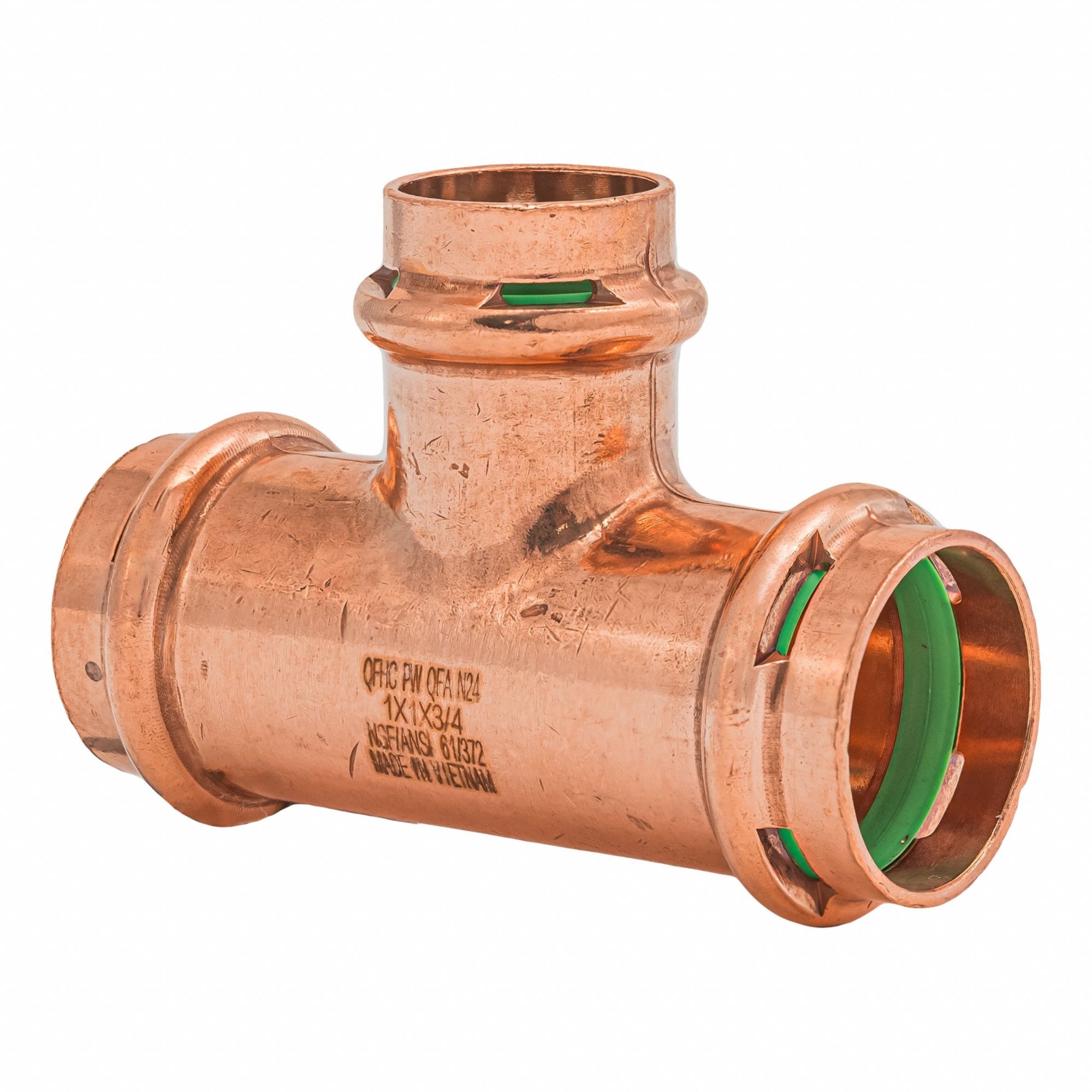 Crimp Tee Fitting: 1 in CTS x 1 in CTS x 3/4 in CTS size, Copper, EPDM O-Ring