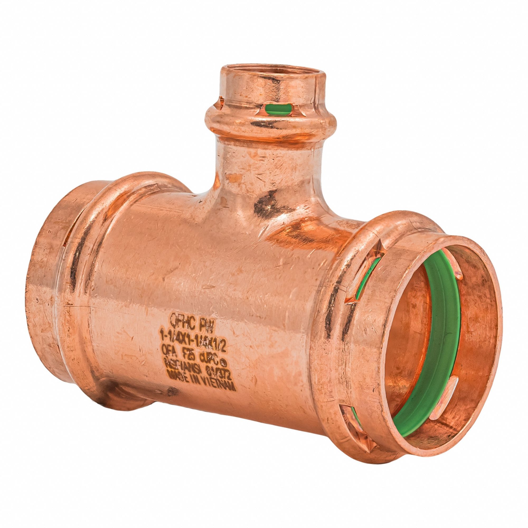 Crimp Tee Fitting: 1 1/4 in CTS x 1 1/4 in CTS x 1/2 in CTS size, Copper