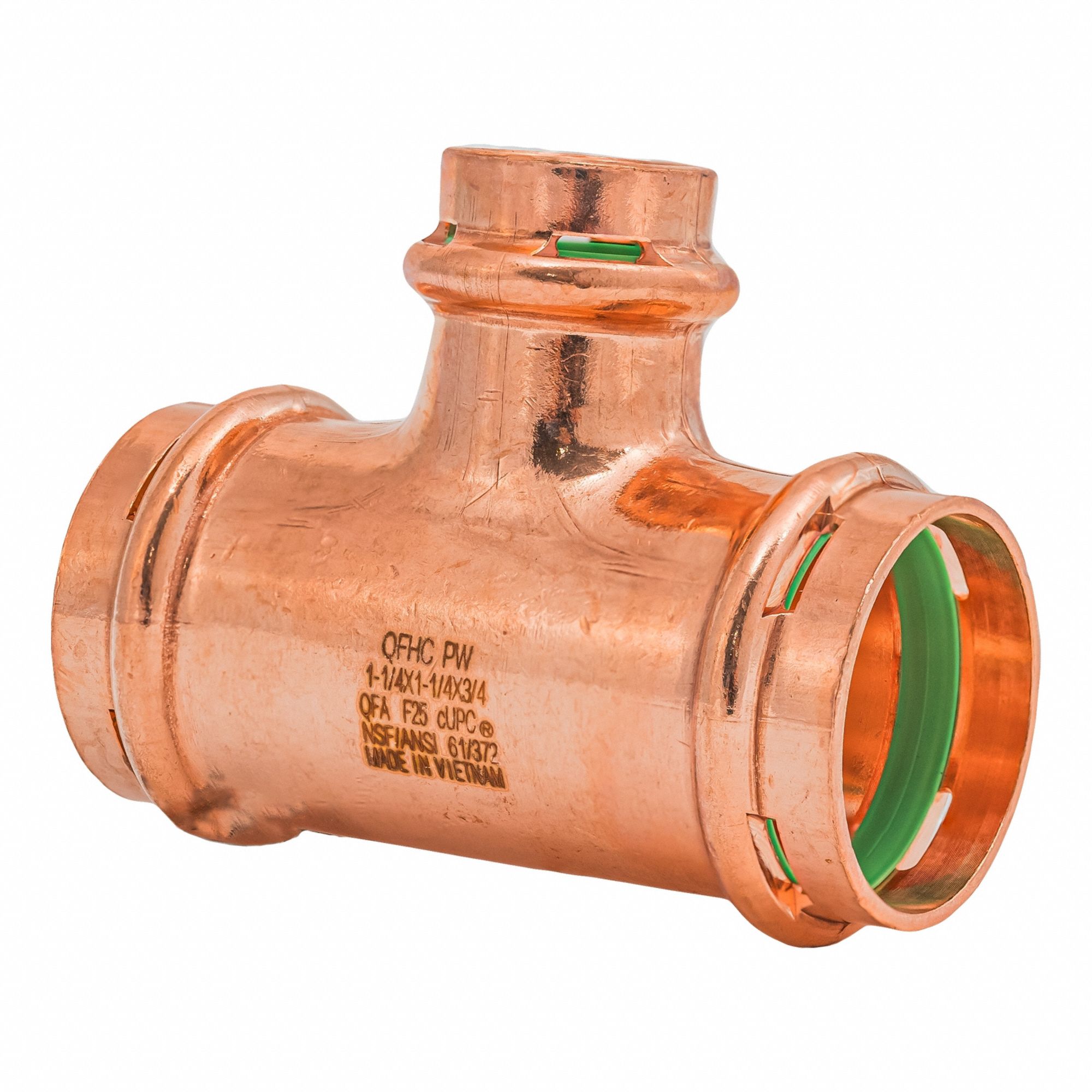 Crimp Tee Fitting: 1 1/4 in CTS x 1 1/4 in CTS x 3/4 in CTS size, Copper