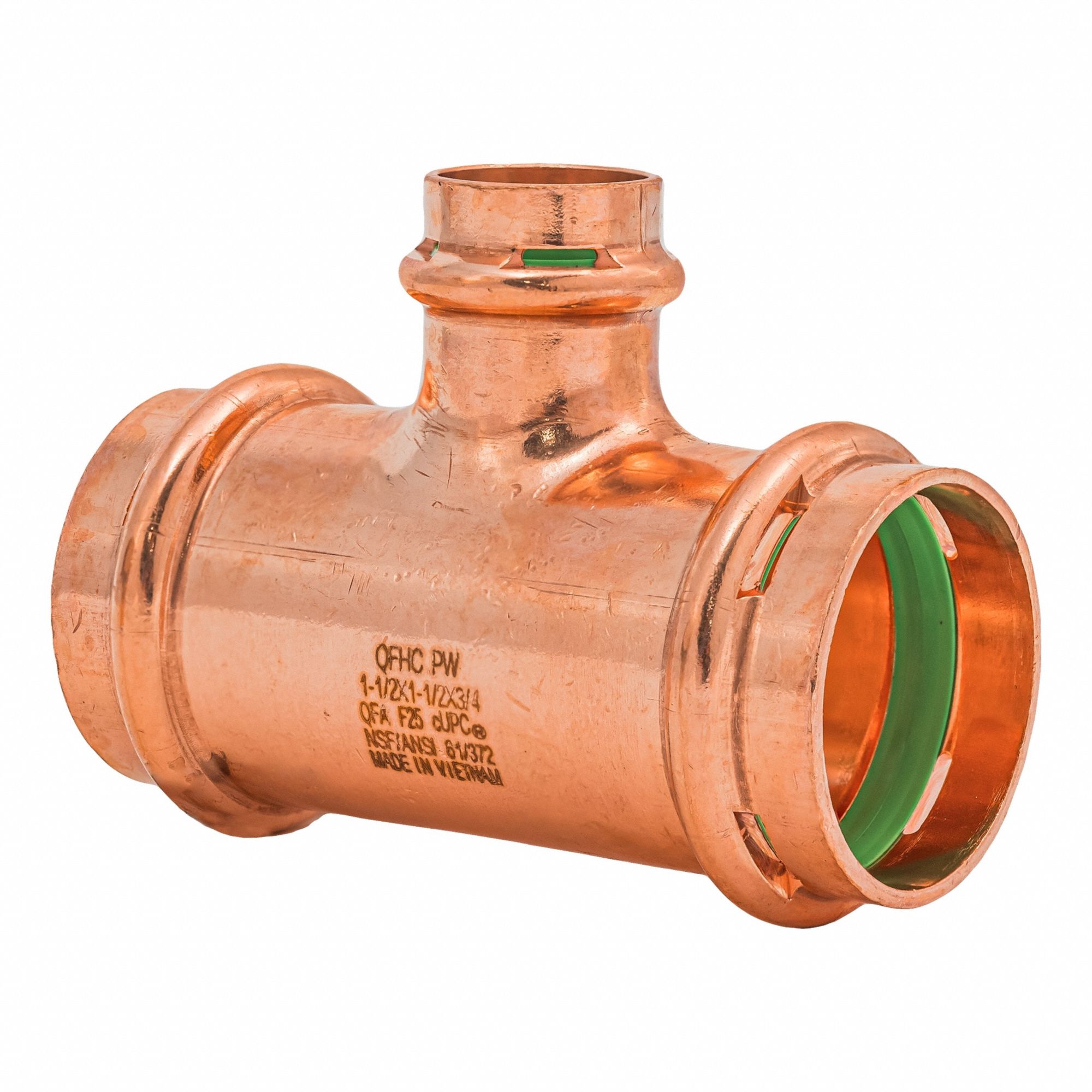 Crimp Tee Fitting: 1 1/2 in CTS x 1 1/2 in CTS x 3/4 in CTS size, Copper