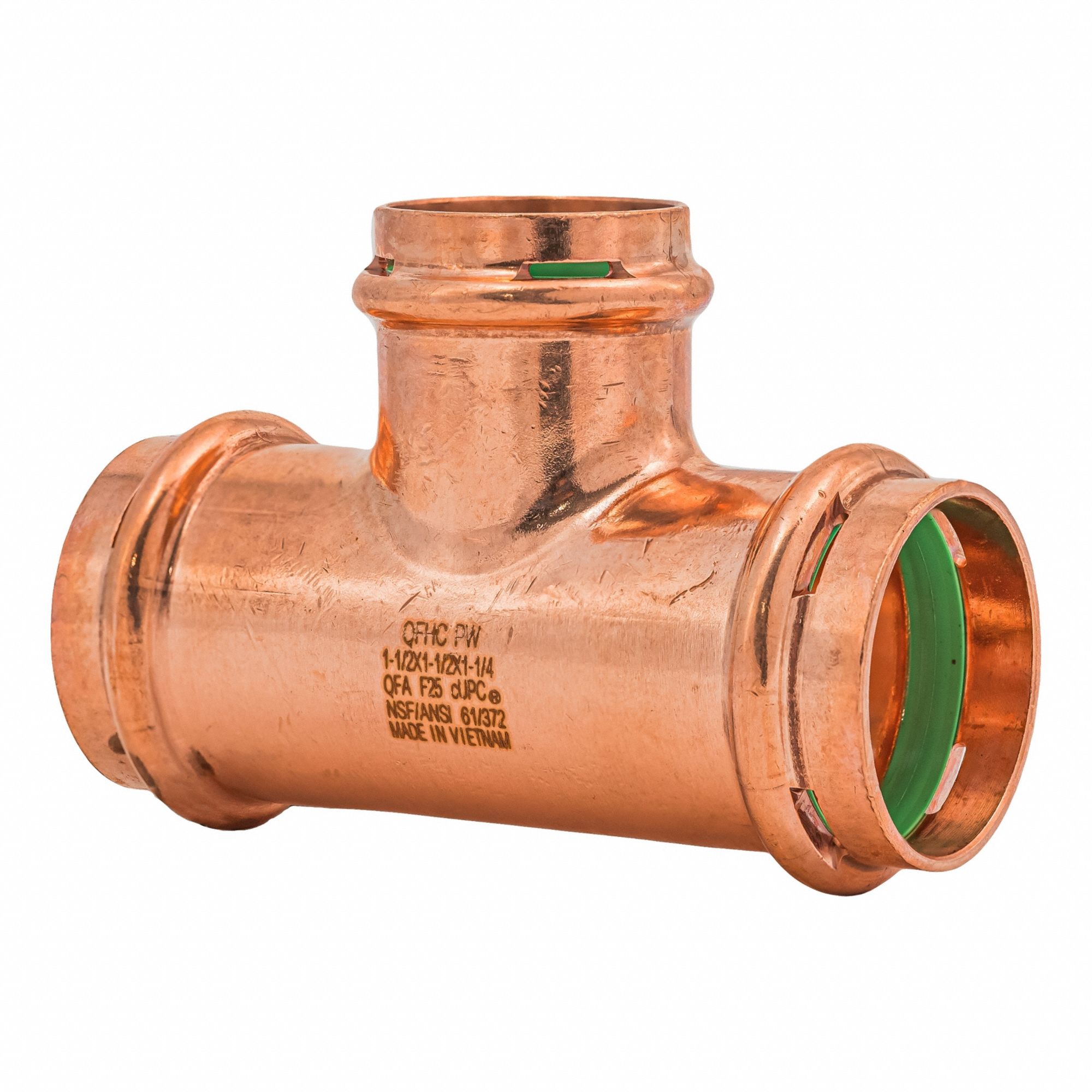 Crimp Tee Fitting: 1 1/2 in CTS x 1 1/2 in CTS x 1 1/4 in CTS size, Copper