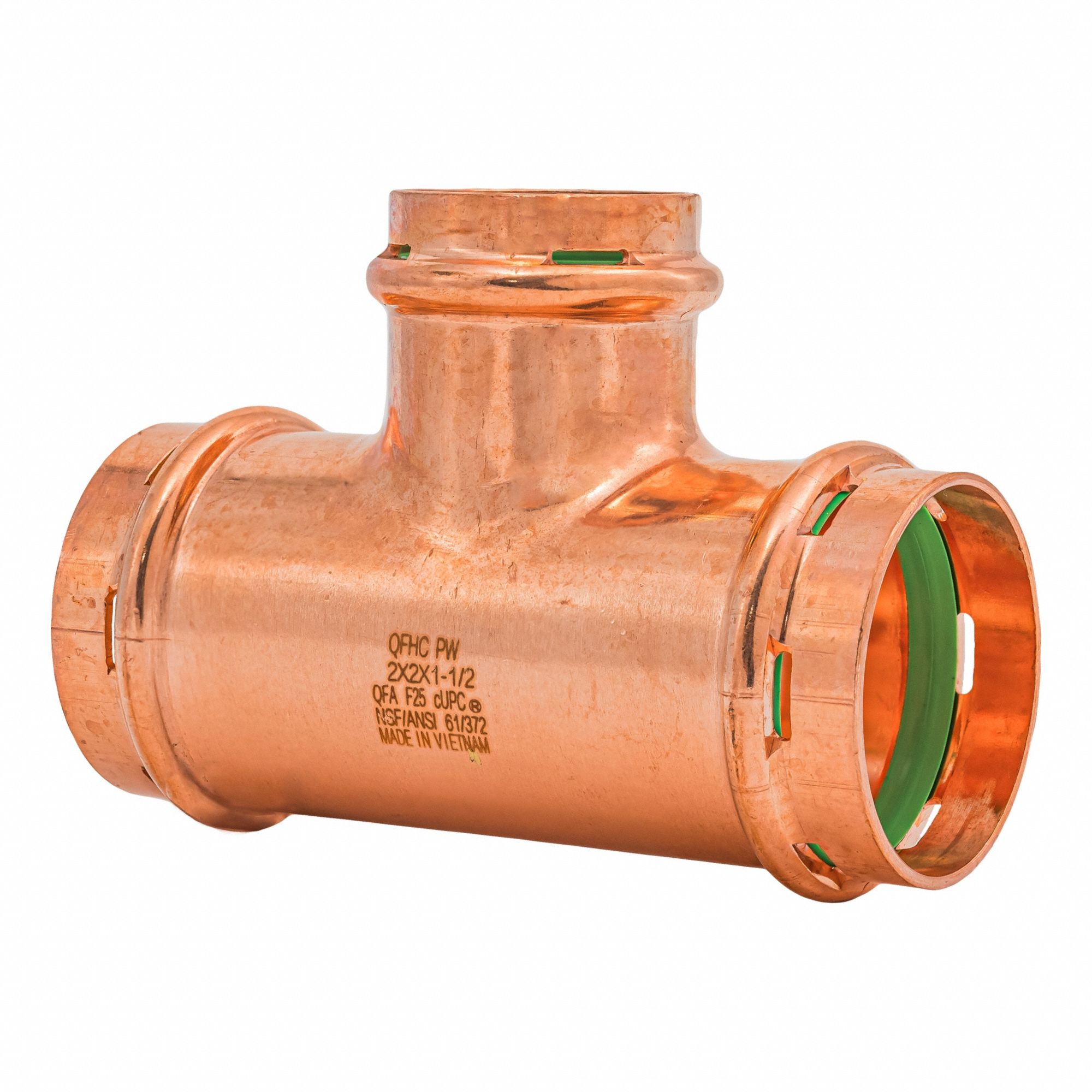 Crimp Tee Fitting: 2 in CTS x 2 in CTS x 1 1/2 in CTS size, Copper