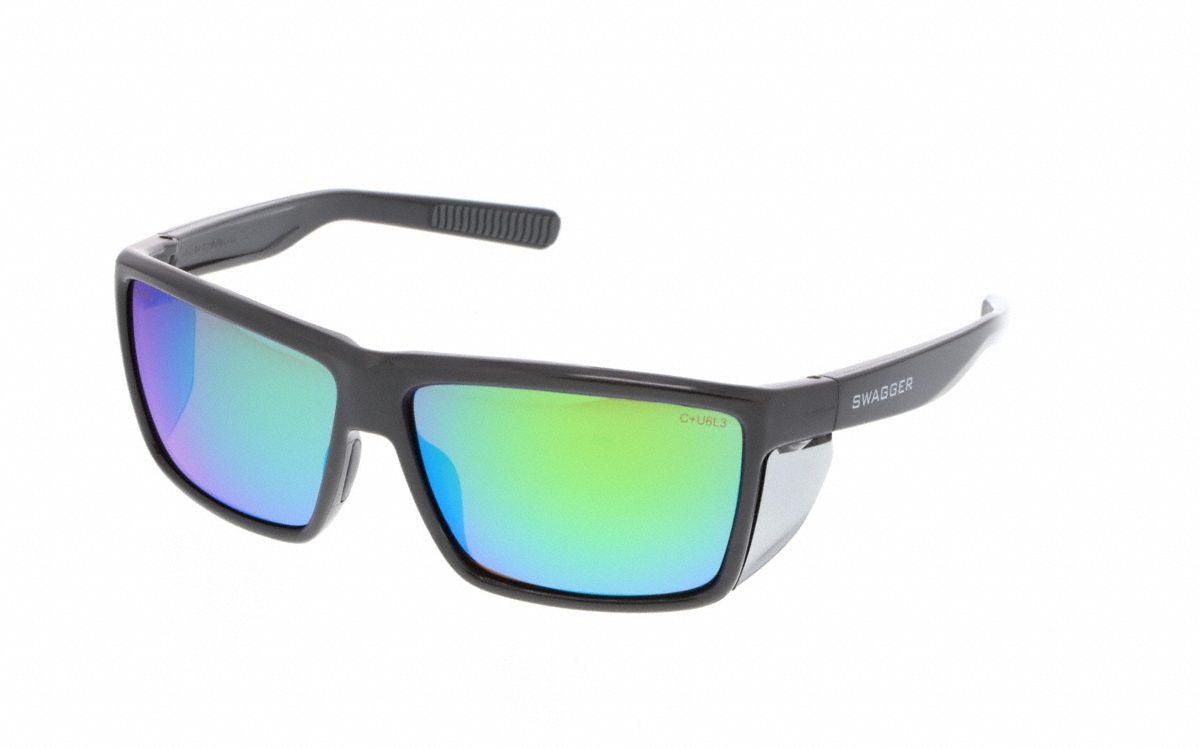 Safety Glasses: Green Lens, Full-Frame, Polarized, Charcoal Frame, 1 PR
