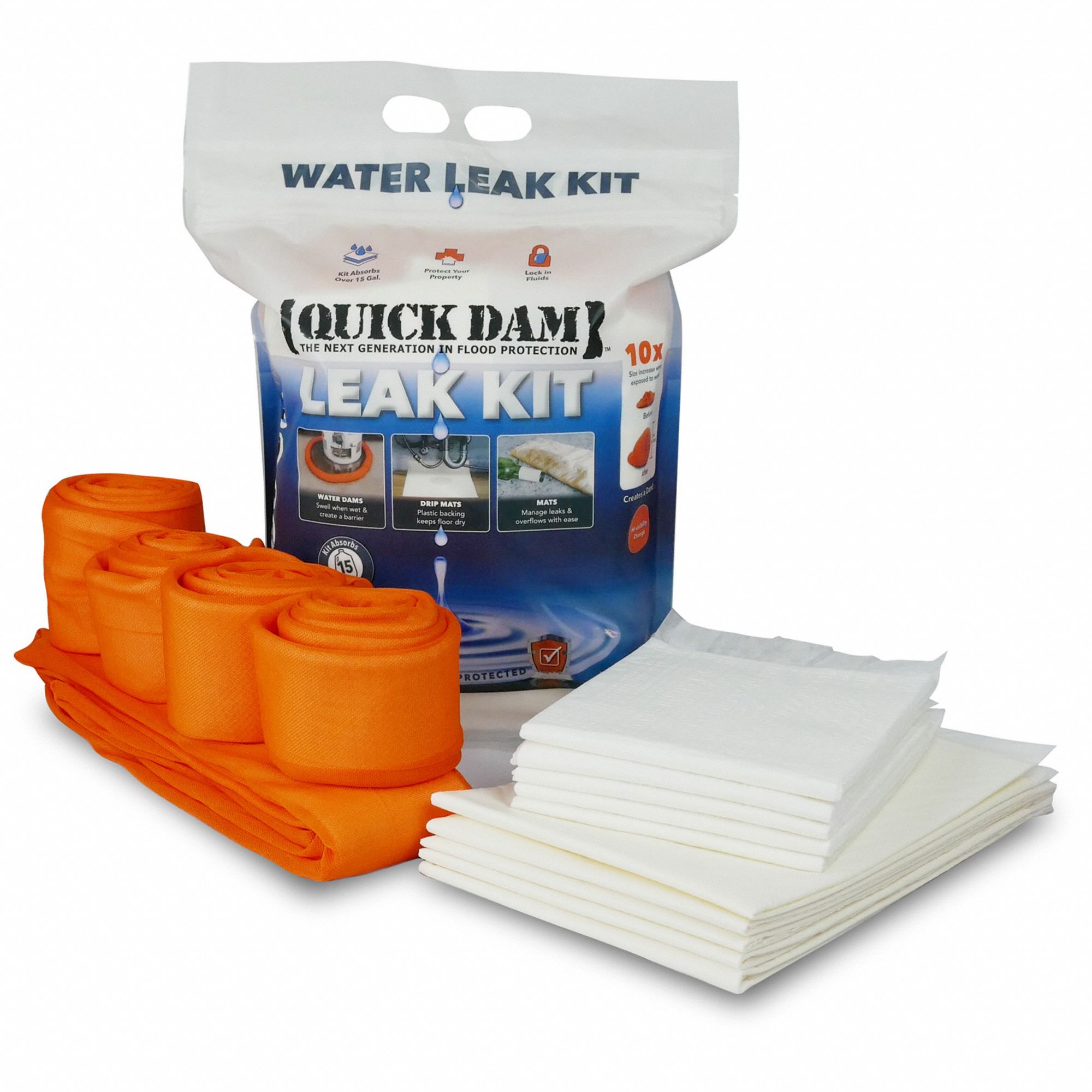 LEAK EMERGENCY KIT, ASSORTMENT FRESH WATER, W/ MAT/DRIP MAT, CLOSED, 2 1/2 IN, WATER DAMS 16