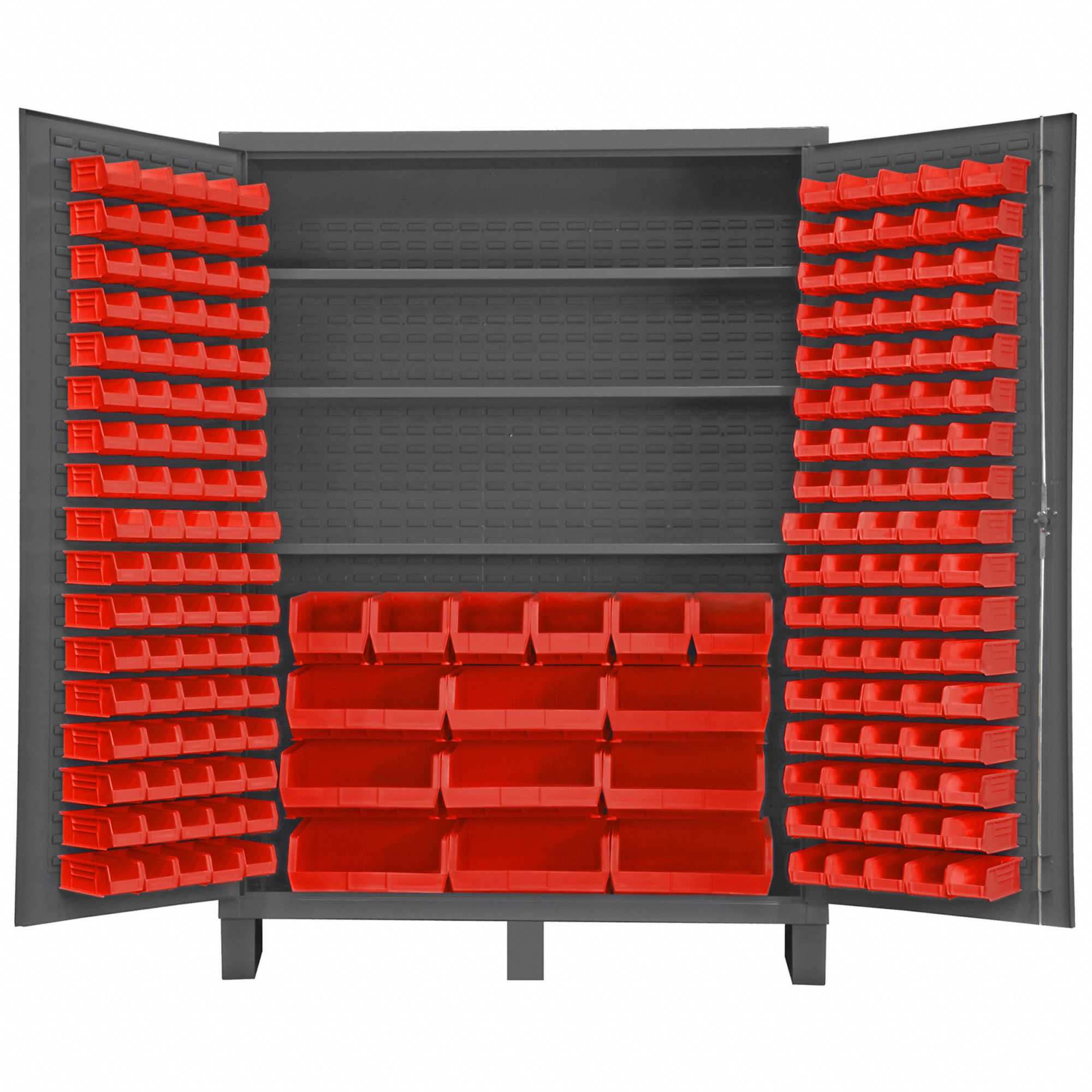 Bin Cabinet: 60 in x 24 in 84 in, 3 Shelves, 185 Bins, Red, Flush, 14 ga Panel, Gray