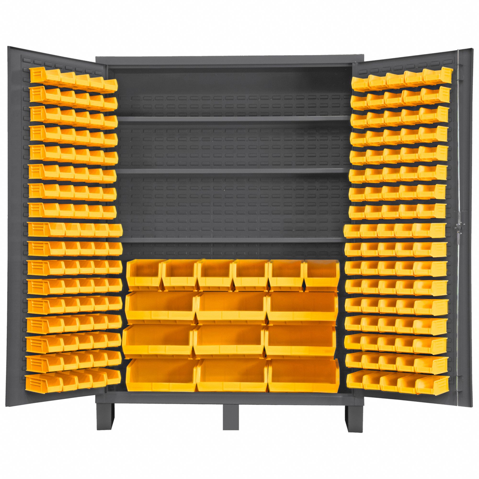 BIN CABINET, 60 IN X 24 IN 84 IN, 3 SHELVES, 185 BINS, YELLOW, FLUSH, 14 GA PANEL, GREY