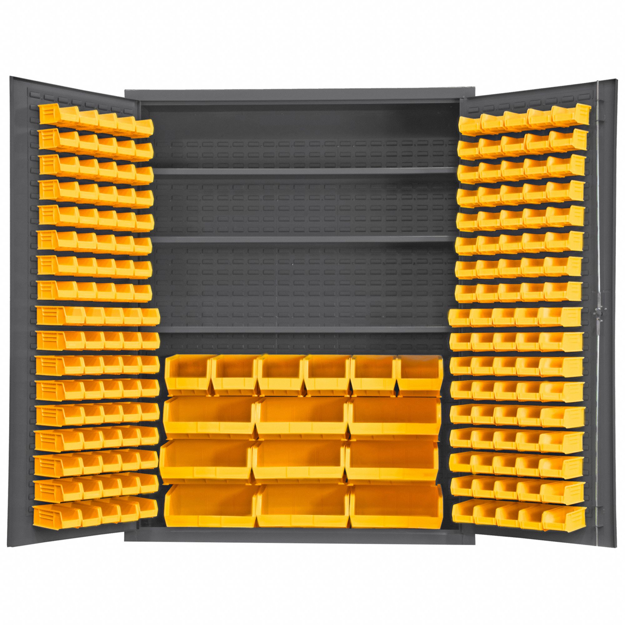 Bin Cabinet: 60 in x 24 in 78 in, 3 Shelves, 185 Bins, Yellow, Flush, 14 ga Panel, Gray