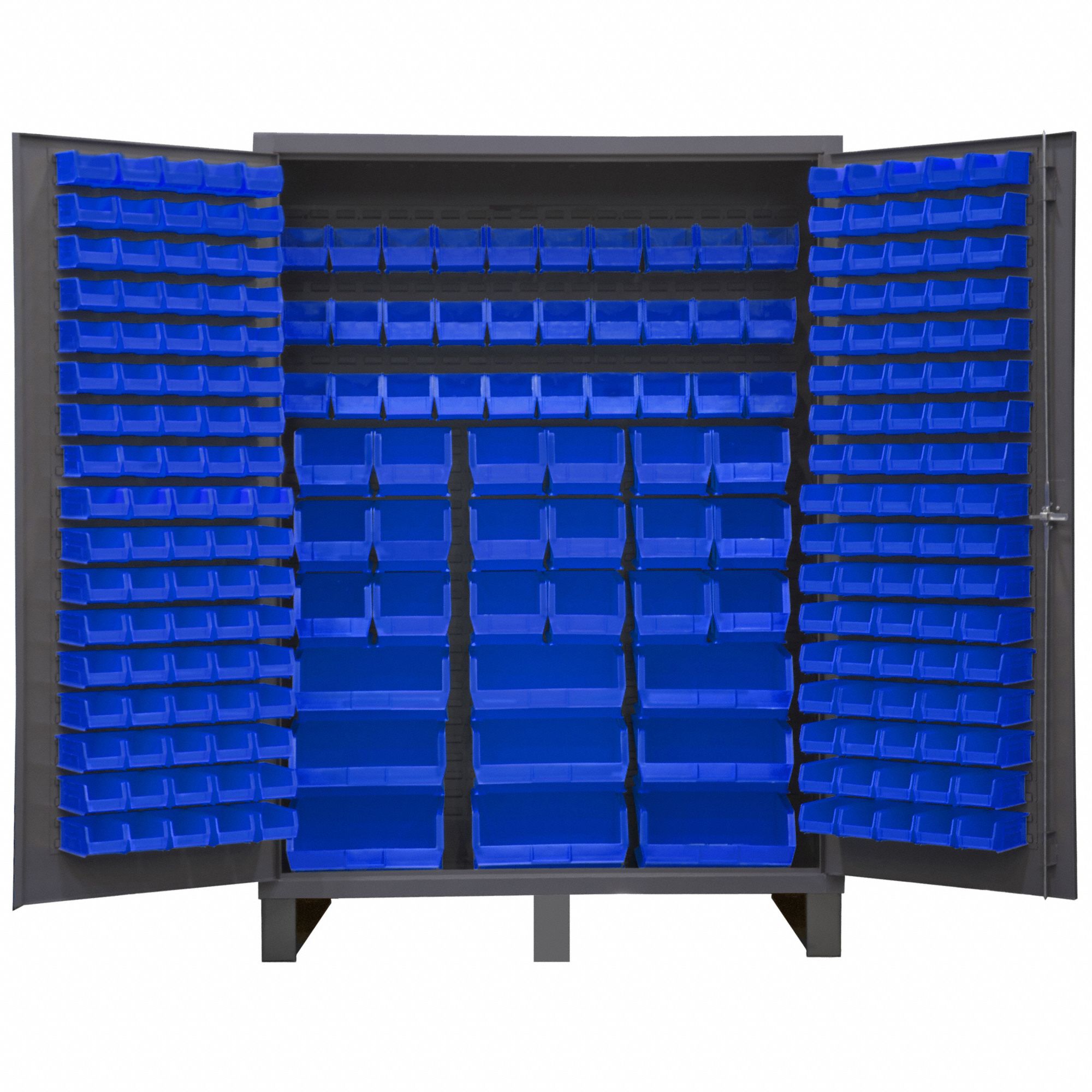 Bin Cabinet: 60 in x 24 in 84 in, 0 Shelves, 227 Bins, Blue, Flush, 14 ga Panel, Gray