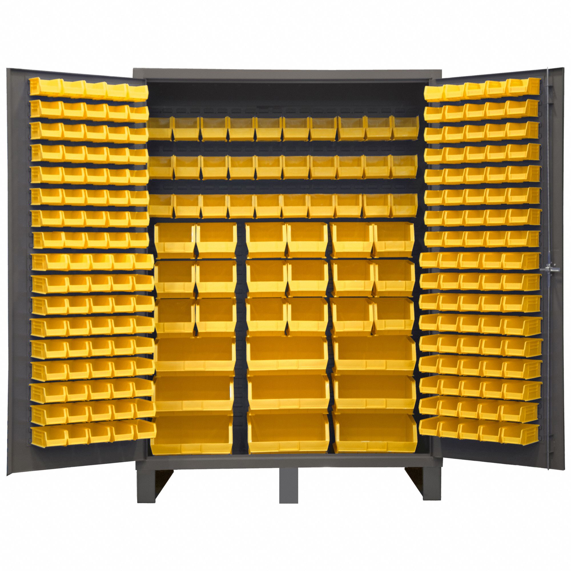 BIN CABINET, 60 IN X 24 IN 84 IN, 227 BINS, YELLOW, FLUSH, 14 GA PANEL, GREY
