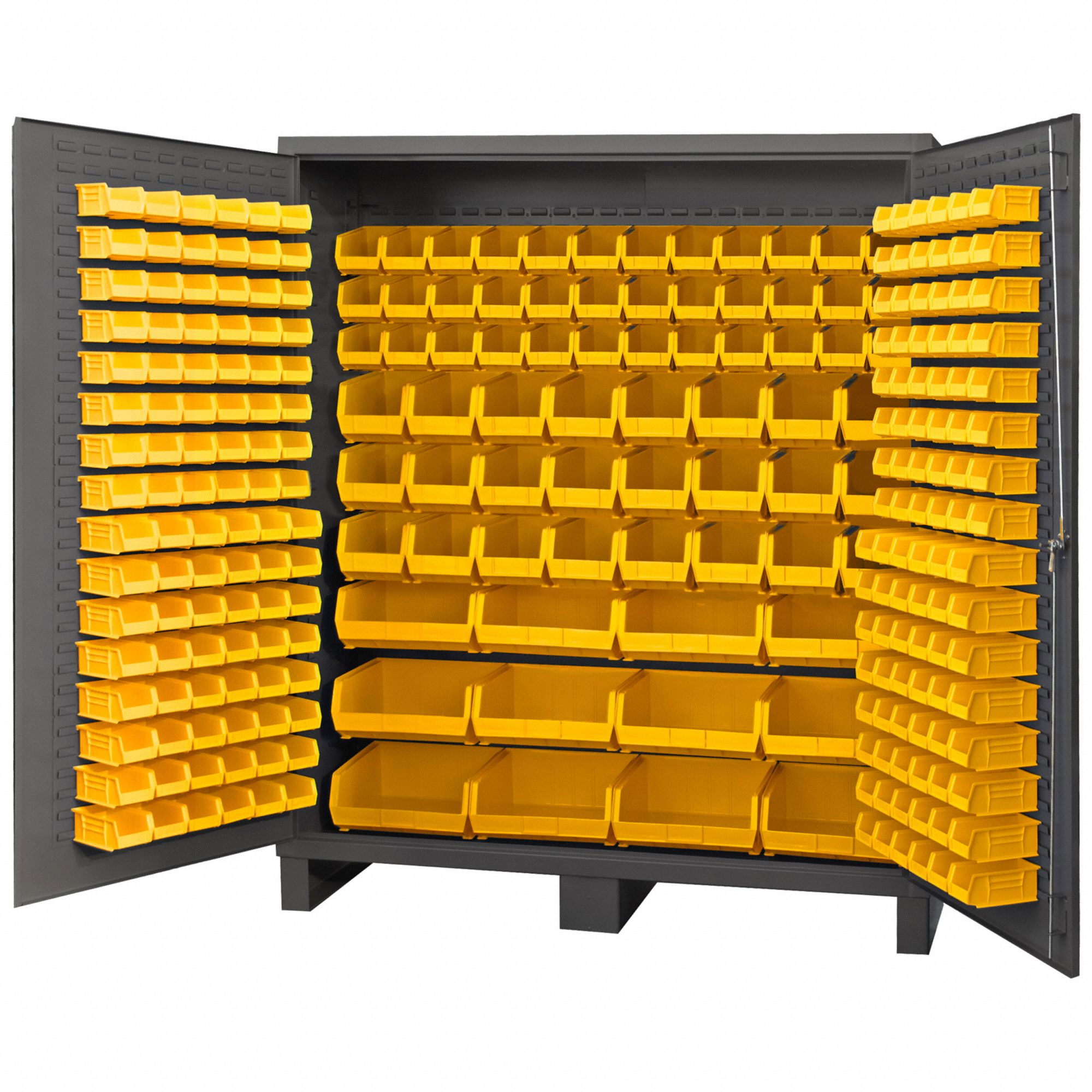 BIN CABINET, 72 IN X 24 IN 84 IN, 264 BINS, YELLOW, DEEP BOX, 14 GA PANEL