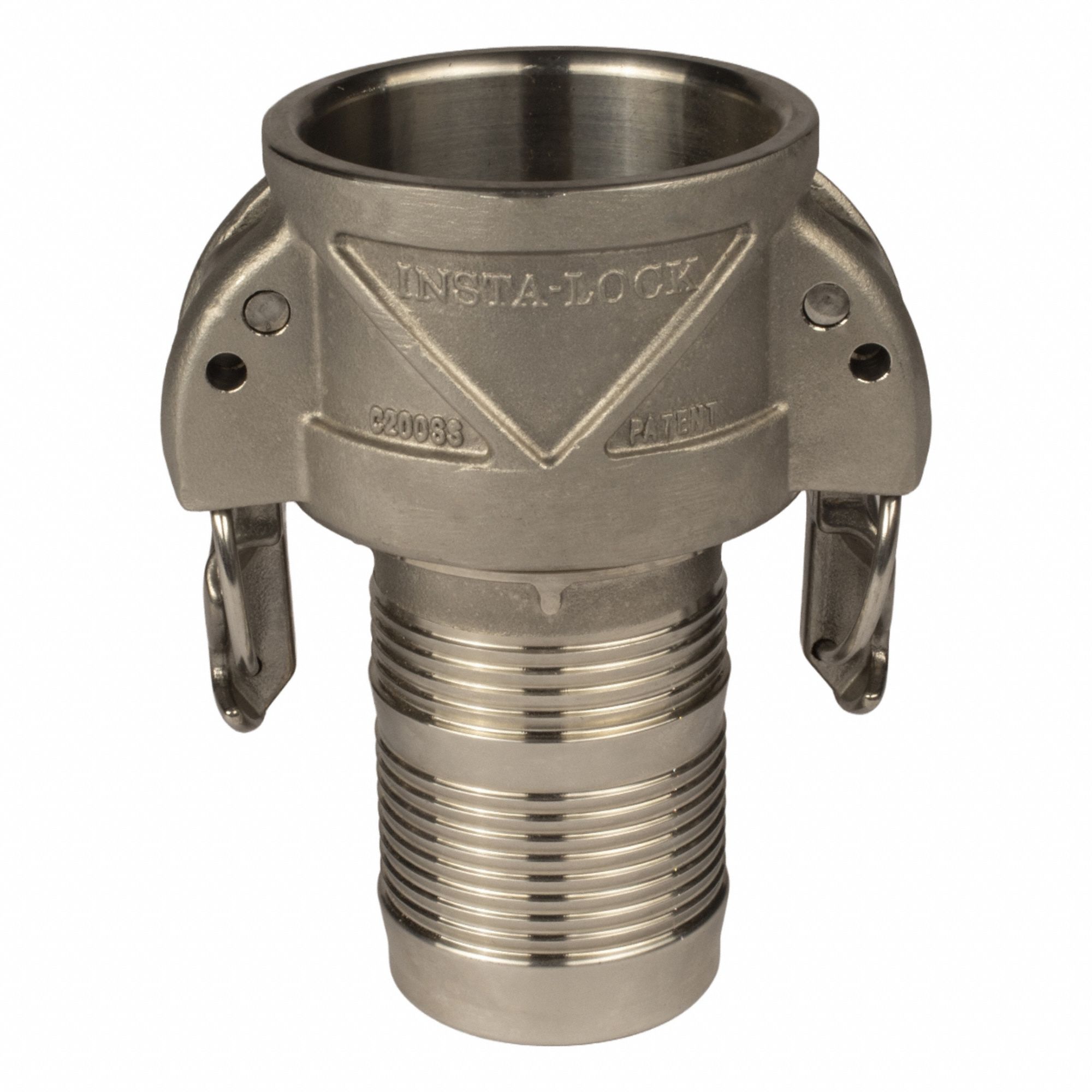 Cam and Groove Insta Lock Couplings: 1 1/2 in Coupling Size, 1 1/2" Thread Size, 4 3/4 in Overall Lg (MPN QCG-C150-SS). Key specifications — Thread Size: 1-1/2"; Gasket Material: Nitrile; Fitting Type: Male Hose Shank; Includes Locking Arm: Yes; Body Material: Stainless Steel; Brand: CAMPBELL FITTINGS.
