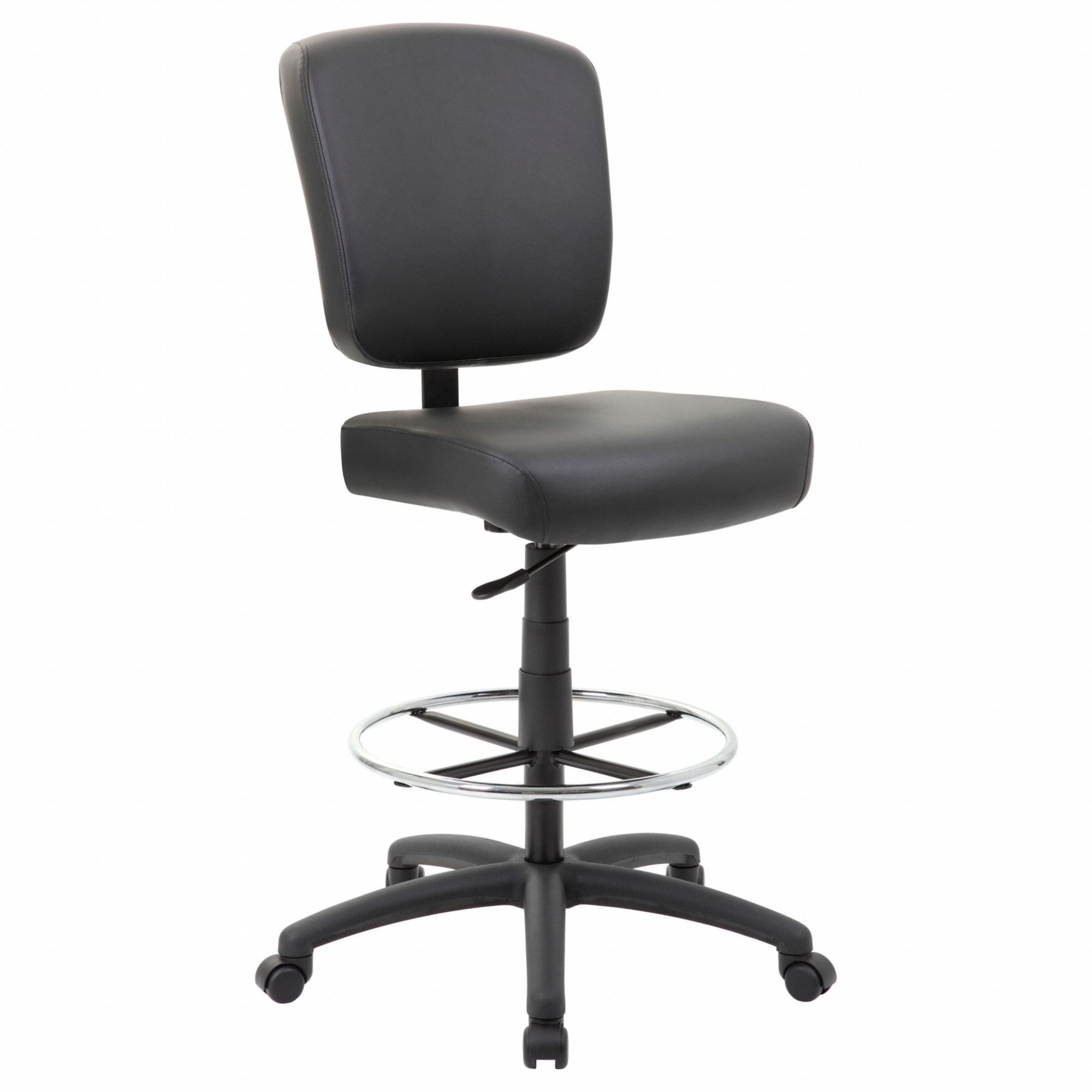 Drafting Chair: Black, Vinyl Material, Armless Arm, 19 1/2 in Seat Wd, 19 in Seat Dp