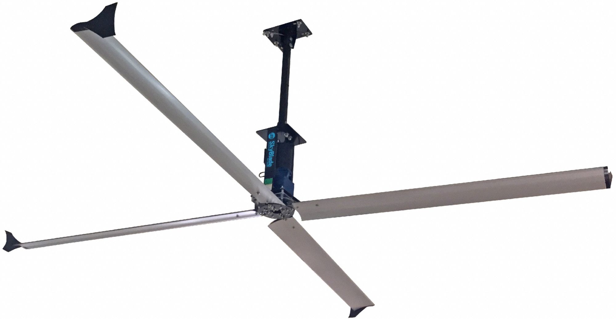 SKYBLADE Ceiling Fan: 18 ft Blade Dia, Variable Speeds, 120V AC, Single Phase, Black, STEP Series (MPN STEP-1855-412-1). Key specifications — Voltage: 120V AC; Light Kit: No; Series: STEP Series; Number of Speeds: Variable; Phase: Single; Current: 18.5 A; Brand: SKYBLADE.