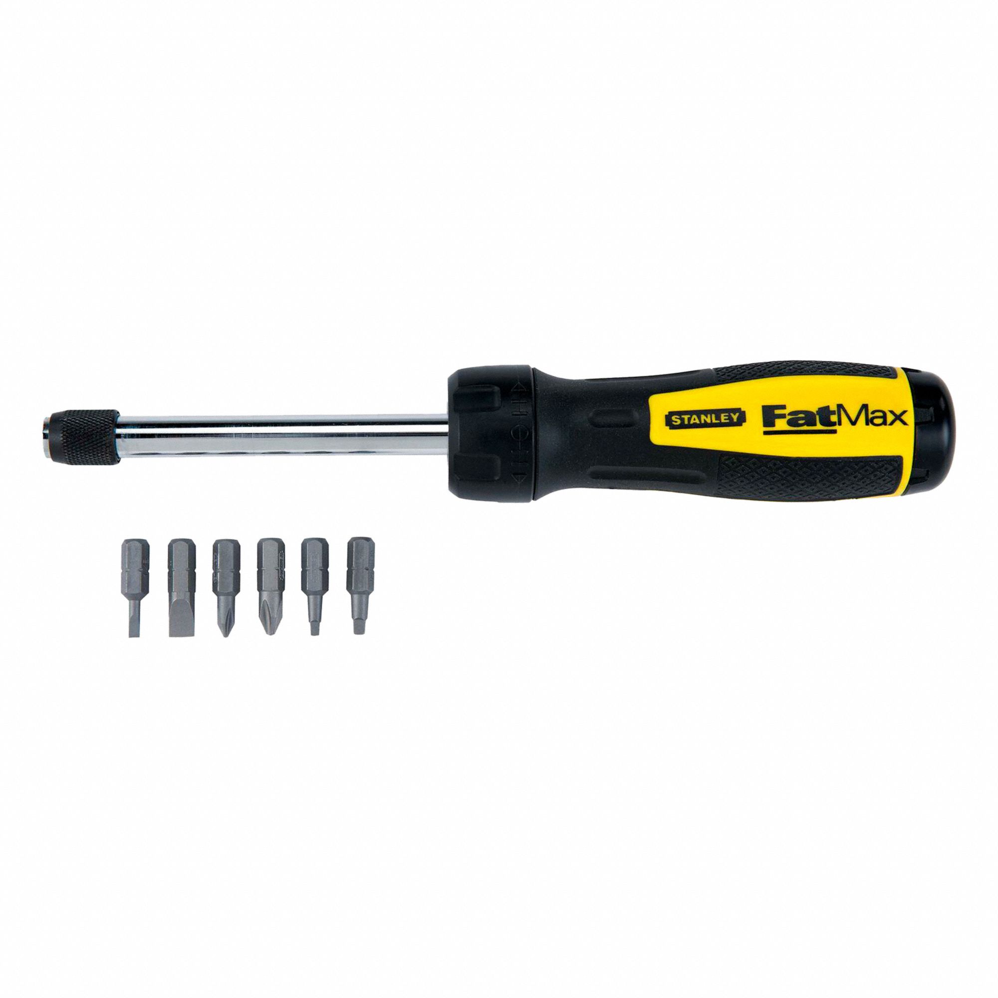 RATCHETING MULTI-BIT SCREWDRIVER, ALLOY STEEL, PLASTIC HANDLE, ¼ IN DRIVE, TEXTURED GRIP, 10 PIECES, CORROSION-RESISTANT