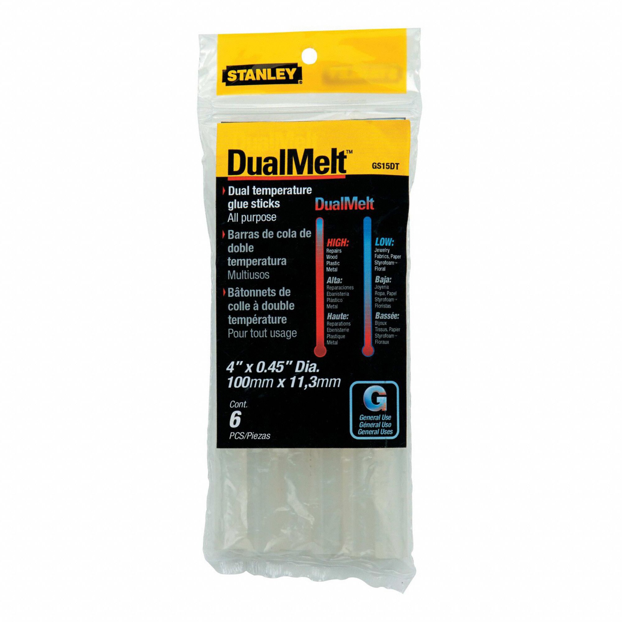 HOT MELT GLUE STICK, GENERAL USE, DUAL TEMPERATURE, .45 X 4 IN, 6 PK