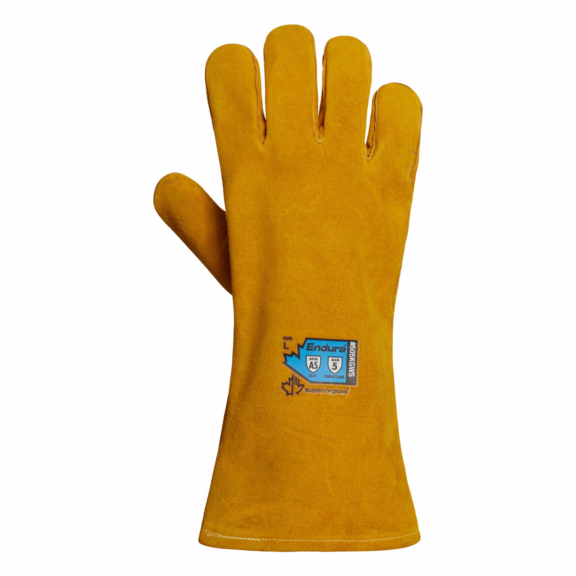 ENDURA 505KGWS WELDING GLOVES, GOLD, L, LEATHER, COWHIDE, KEVLAR, GAUNTLET CUFF