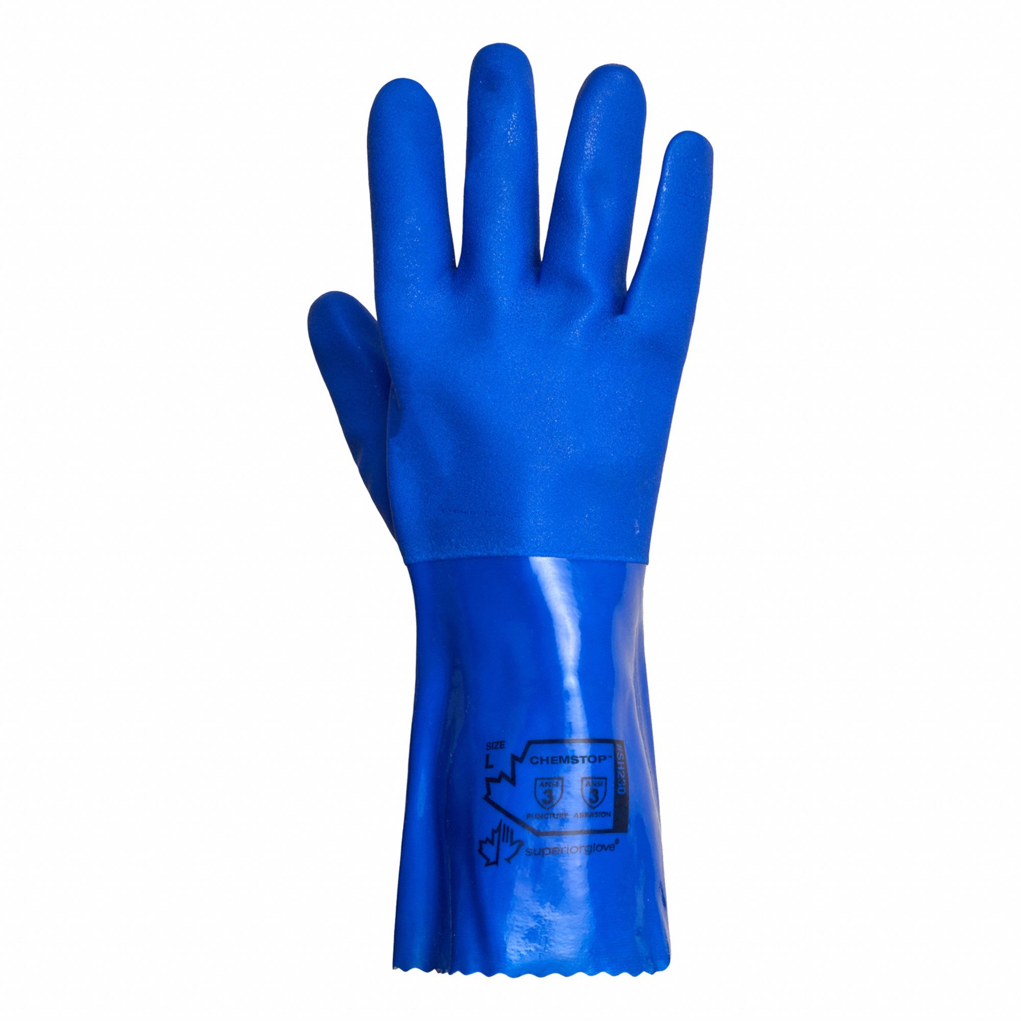 CHEMICAL-RESISTANT GLOVES, GAUNTLET CUFF, SZ XL/10, 12 IN L/13 GA THICK, BLUE, PVC/COTTON, PK 12