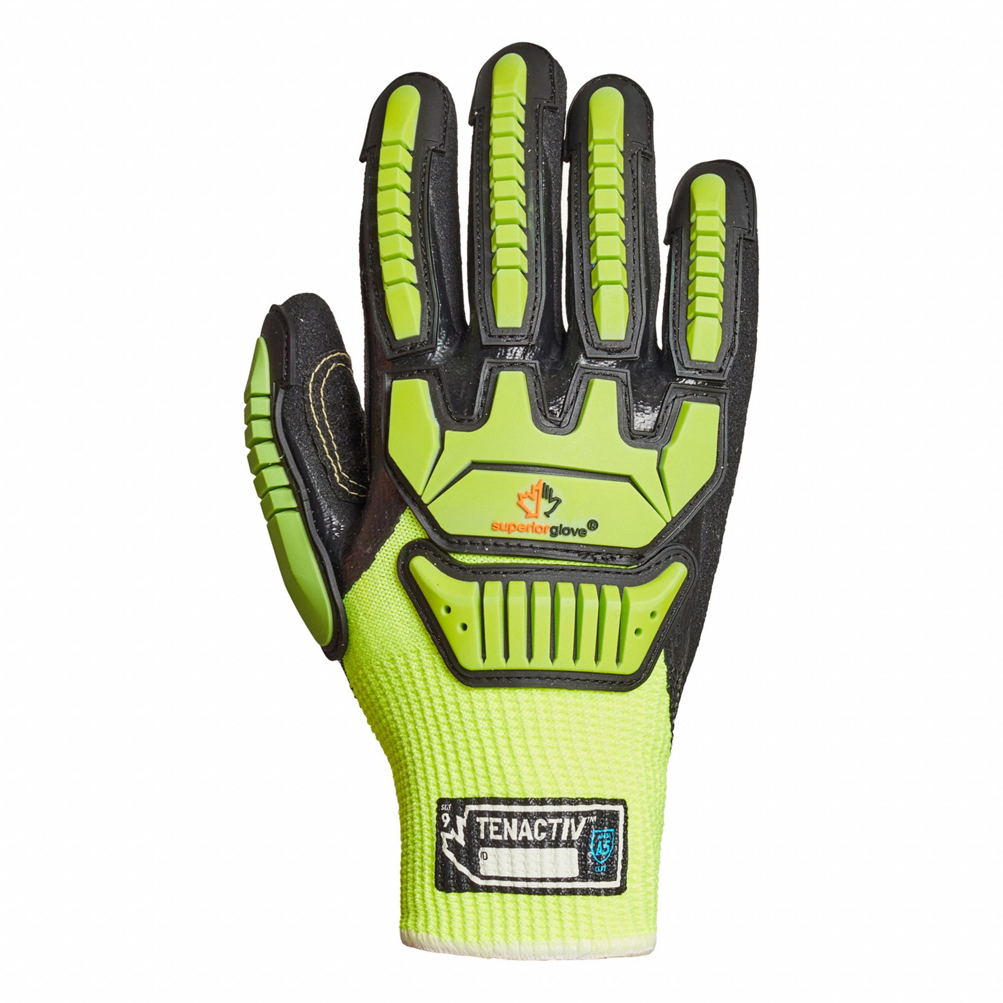 GANTS TENACTIV À HAUTE VIS,NOIR/VERT,TG/10,PEHP, ANSI/ISEA ABRASION 3/COUPURES A5/PERFORATION 5,3/4 TREMPÉ