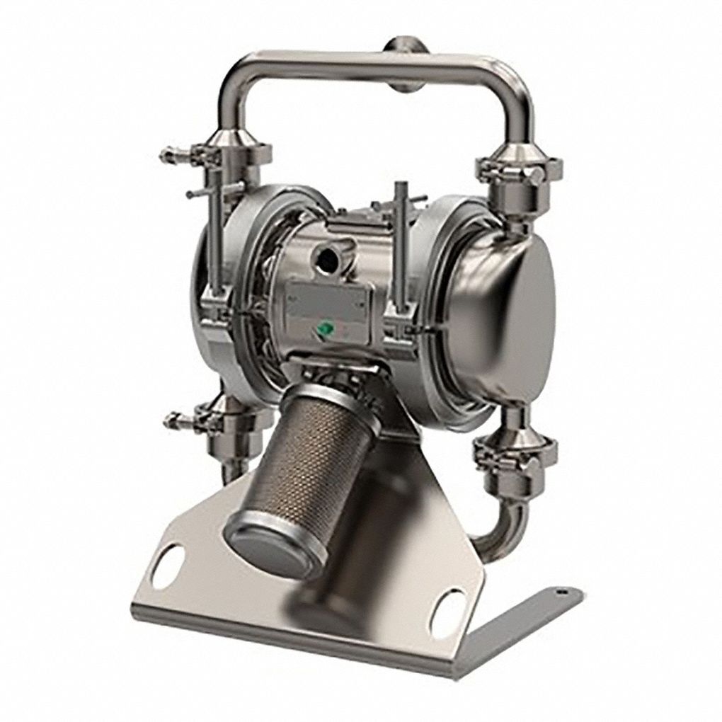 Pharmaceutical AODD Pump: Air, Stainless Steel, Single Port, 41 gpm Max. Flow Rate, Ball, PTFE