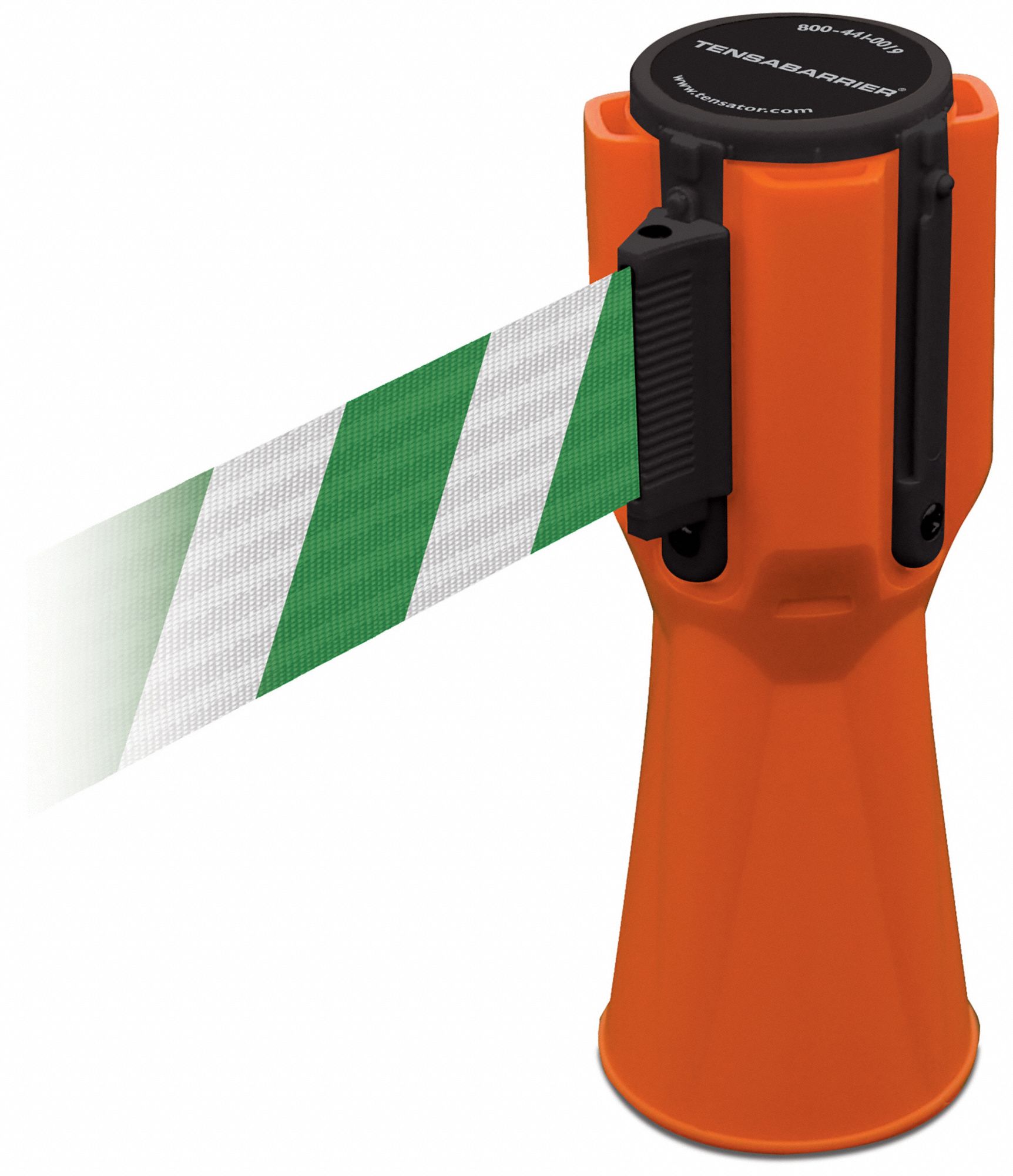 Retractable Barrier Tape: Blank, 3/4 ft Overall Ht, Green/White, 9 in Belt Ht, Orange, Plastic