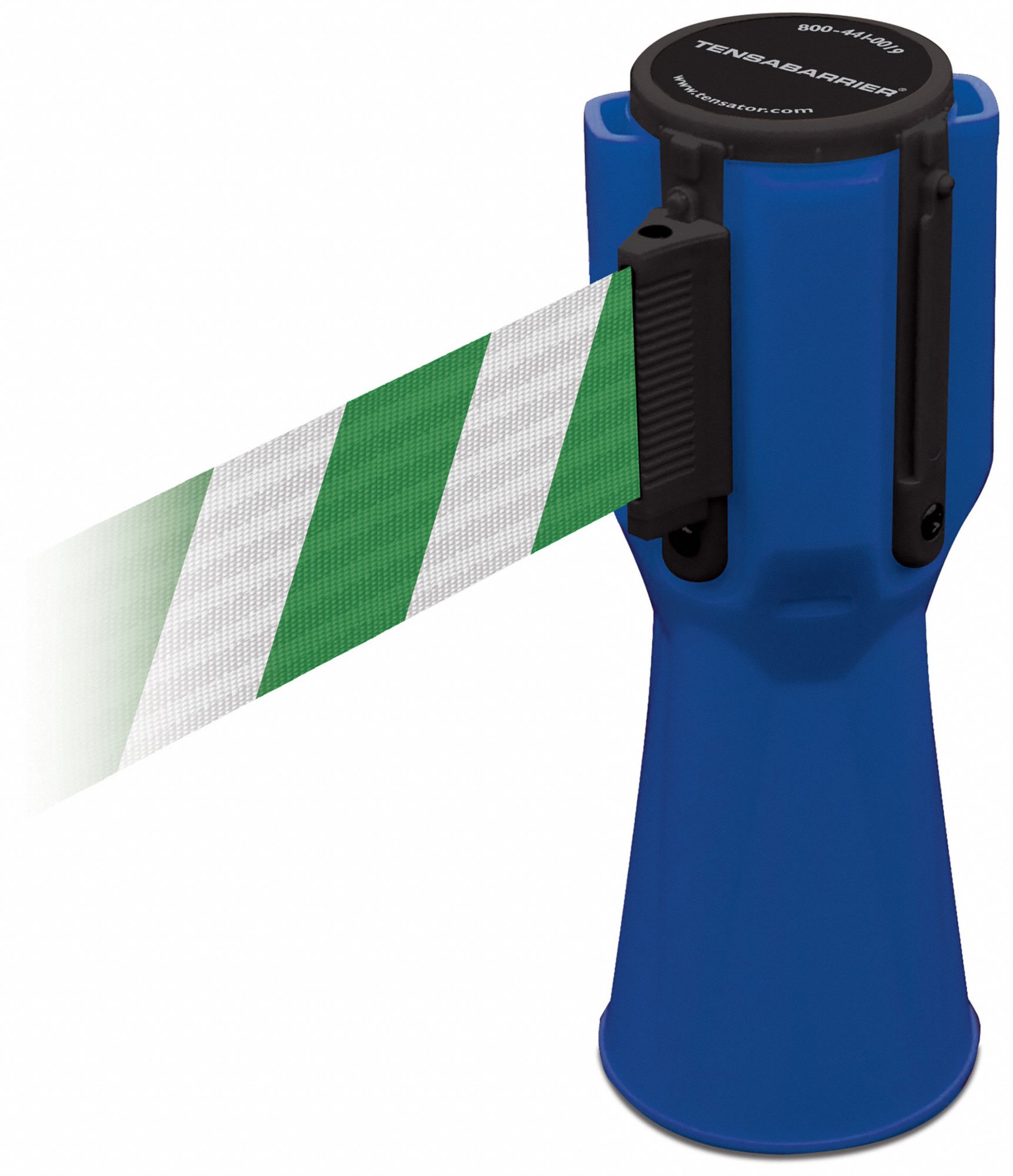 Retractable Barrier Tape: Blank, 3/4 ft Overall Ht, Green/White, 9 in Belt Ht, Blue, Plastic