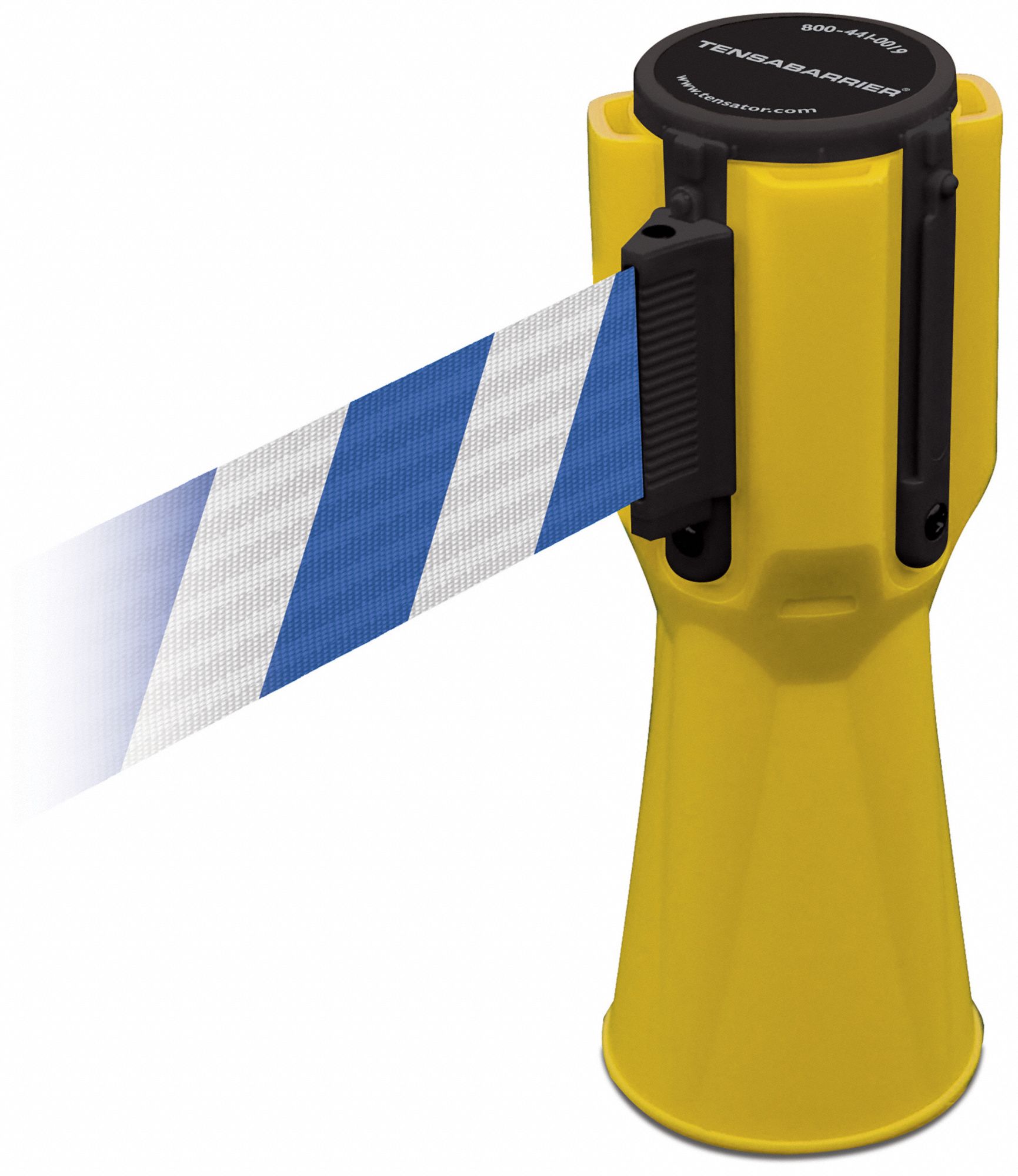 Retractable Barrier Tape: Blank, 3/4 ft Overall Ht, Blue/White, 9 in Belt Ht, Yellow, Plastic
