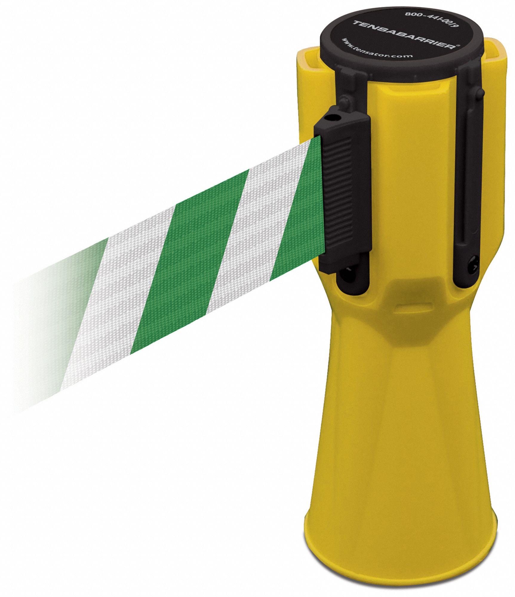 Retractable Barrier Tape: Blank, 3/4 ft Overall Ht, Green/White, 9 in Belt Ht, Yellow, Plastic