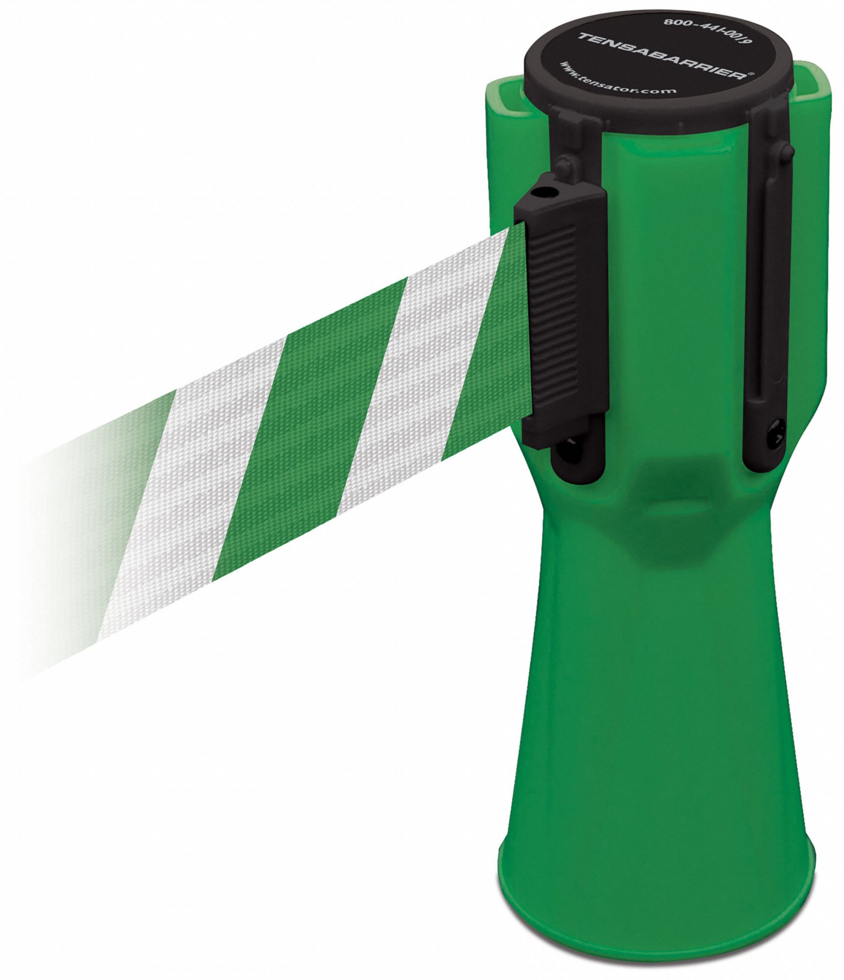 Retractable Barrier Tape: Blank, 3/4 ft Overall Ht, Green/White, 9 in Belt Ht, Green, Plastic
