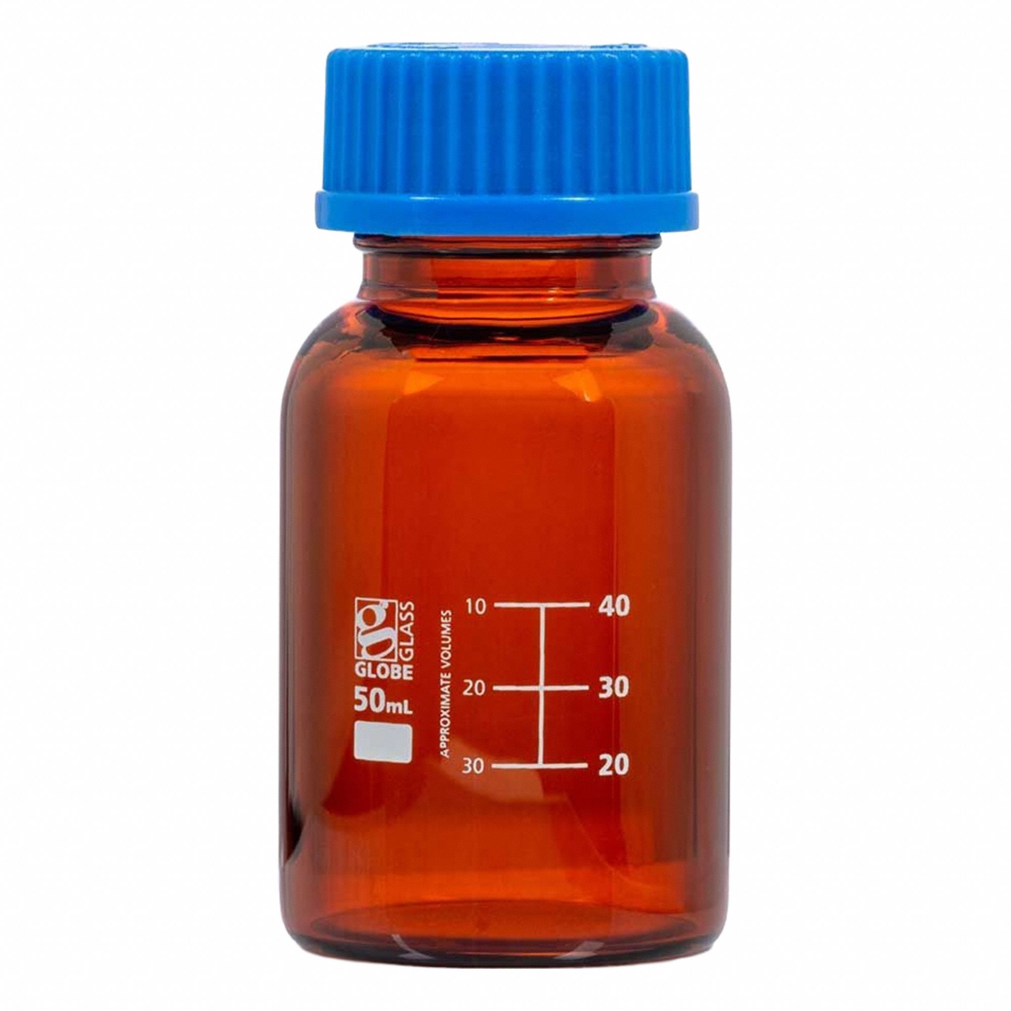 GLOBE SCIENTIFIC Media Bottle: 50 mL, Screw-On, 32 mm, 87 mm, Amber, Closure Included, ASTM (MPN 8110050). Key specifications — Closure Type: Screw-On; Mouth Size: Wide; Screw Closure Size: 32 mm; Brand: GLOBE SCIENTIFIC; Body Color: Amber.