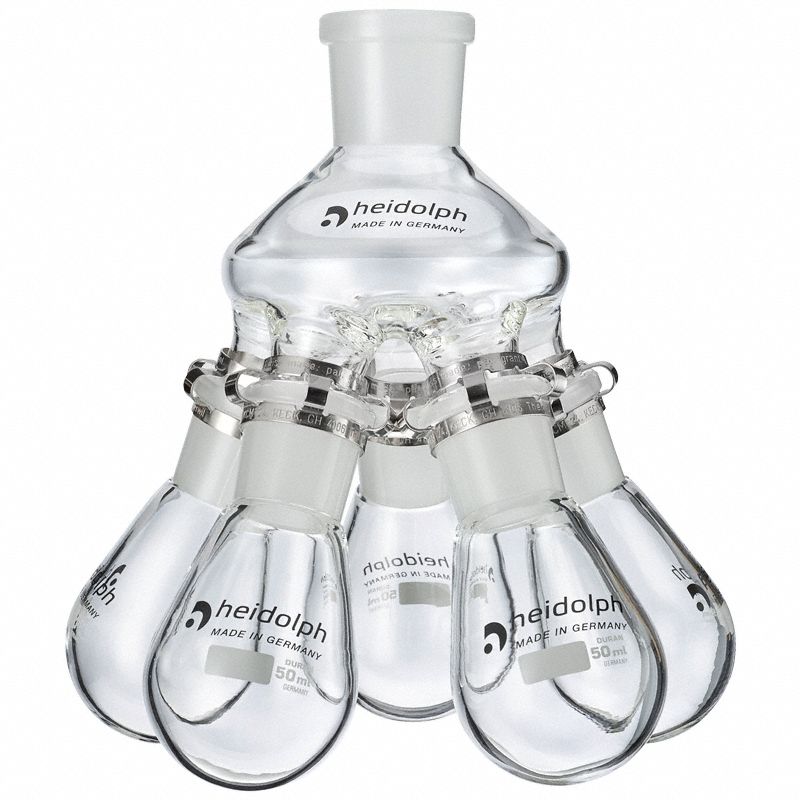 HEIDOLPH Rotary Evaporator Glassware: 50 mL, Colorless, Round, 24/40 Compatible with Stopper Size (MPN 036302750). Key specifications — Shape: Round; Body Color: Colorless; Brand: HEIDOLPH; Compatible with Stopper Size: 24/40.