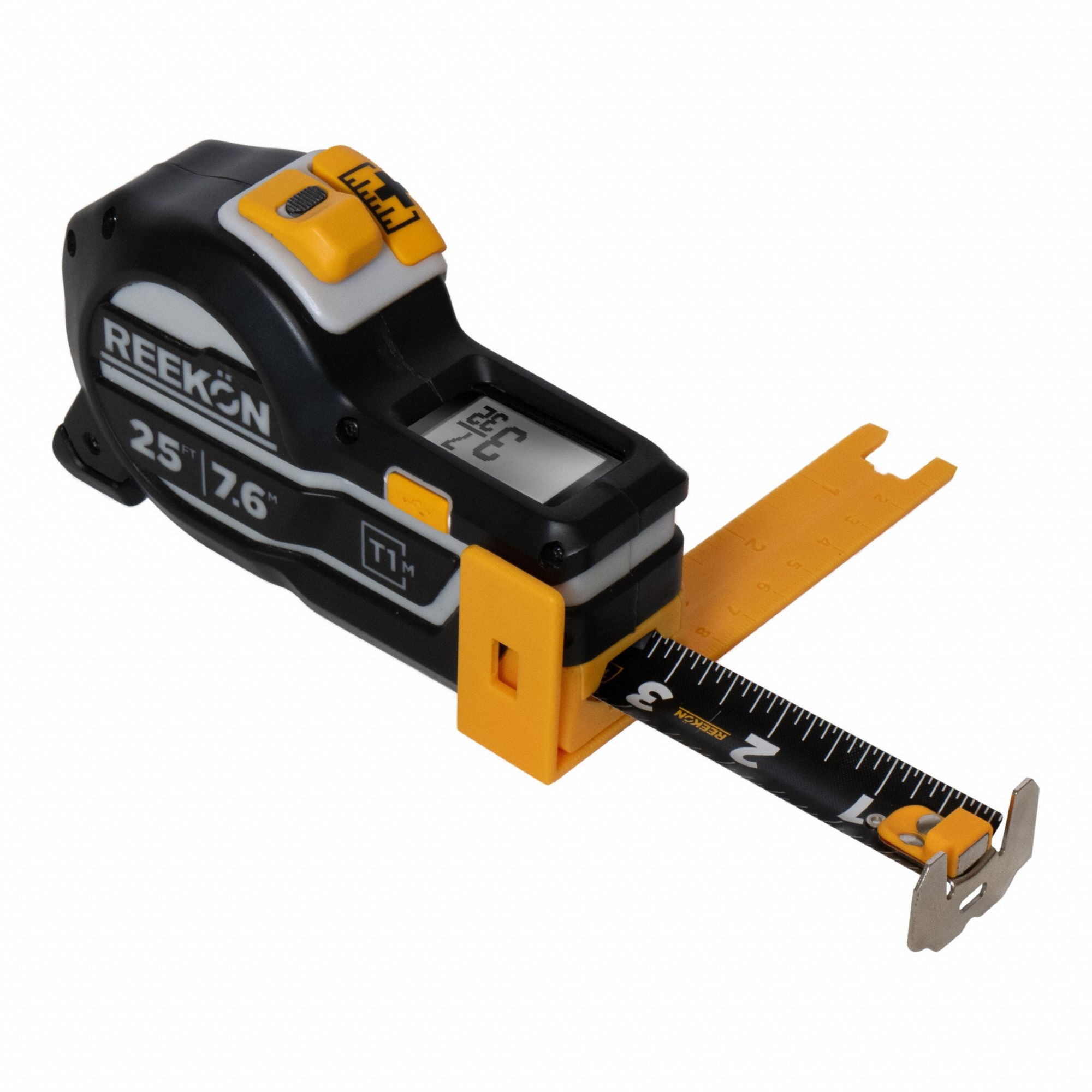 Digital Tape Measure: Inch, Magnetic Single Hook Tip, Plastic with Rubberized Grip