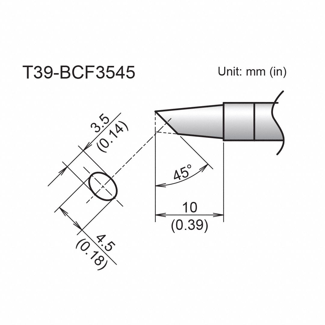 Tinned Face Soldering Tip: T39 Series, Bevel, 4.5 mm W, 10 mm Lg