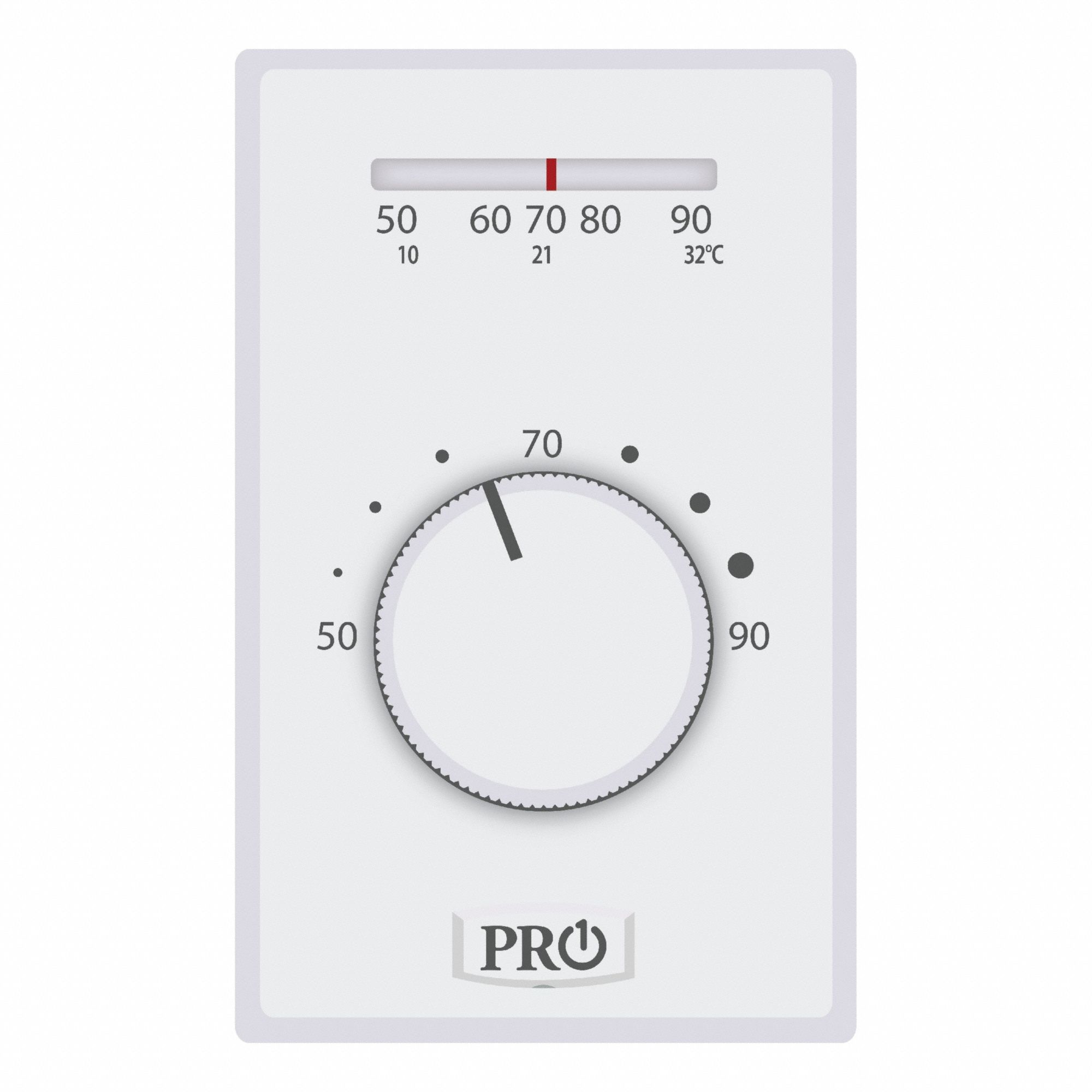 Line Volt Mechanical Tstat: Heat Only, On, 50° to 90°F, Exposed Dial, 120 to 277V AC, 1H