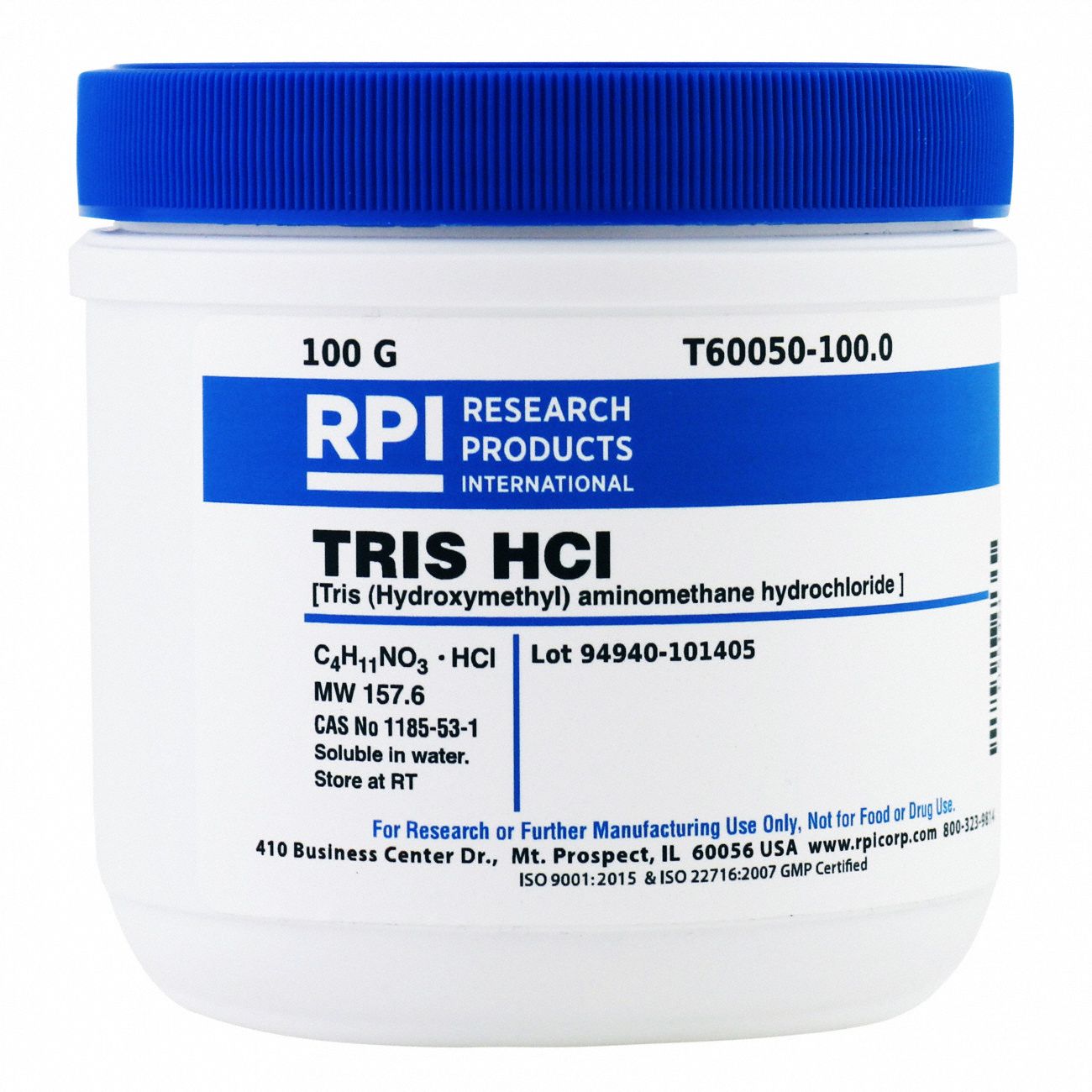 RPI TRIS Hydrochloride: T60050, 1185-53-1, 157.6, C4H11NO3 • HCI, 100 G ...