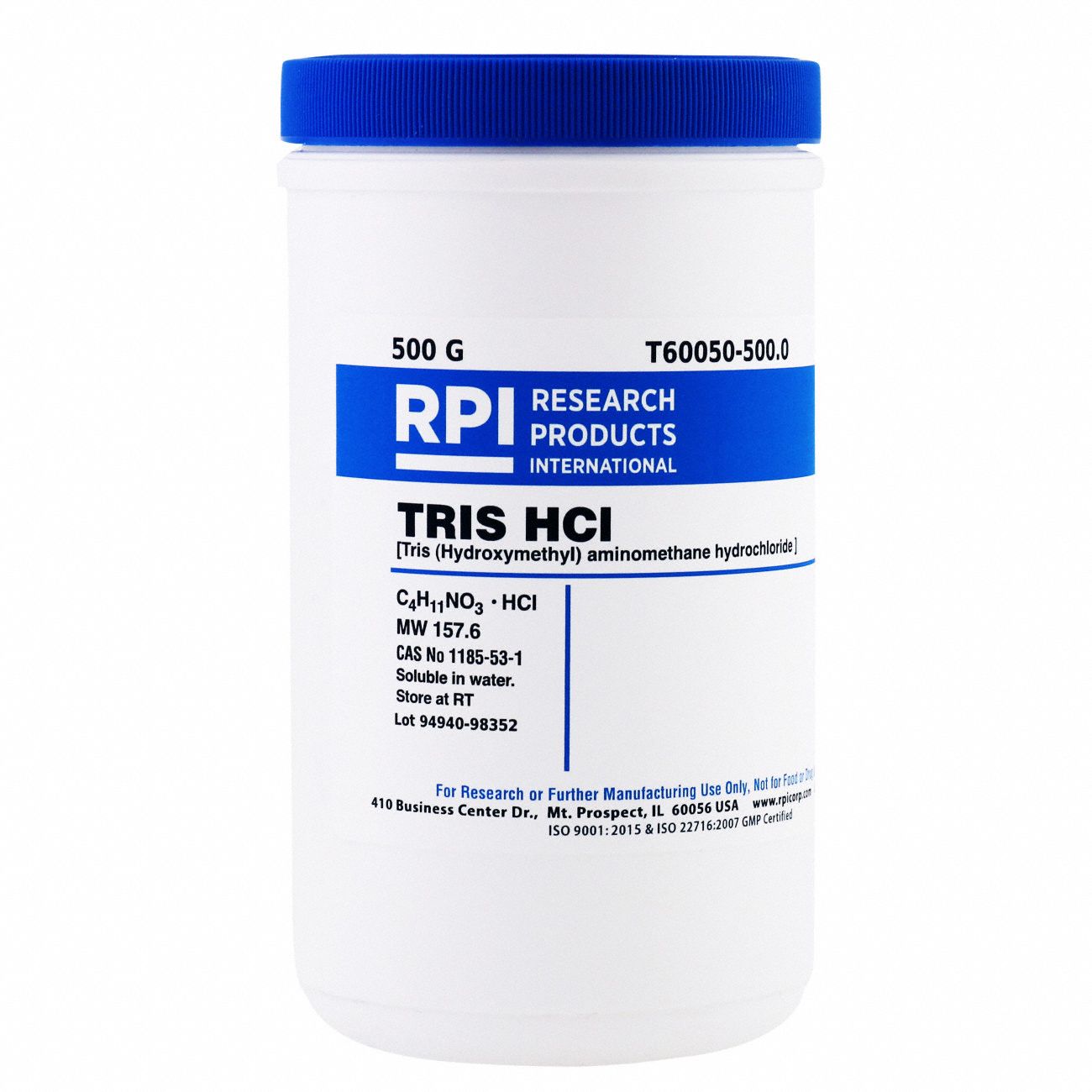 TRIS Hydrochloride: USP, 500 g, 1185-53-1, T60050, Buffer, Powder, 18 mo Shelf Life, 1